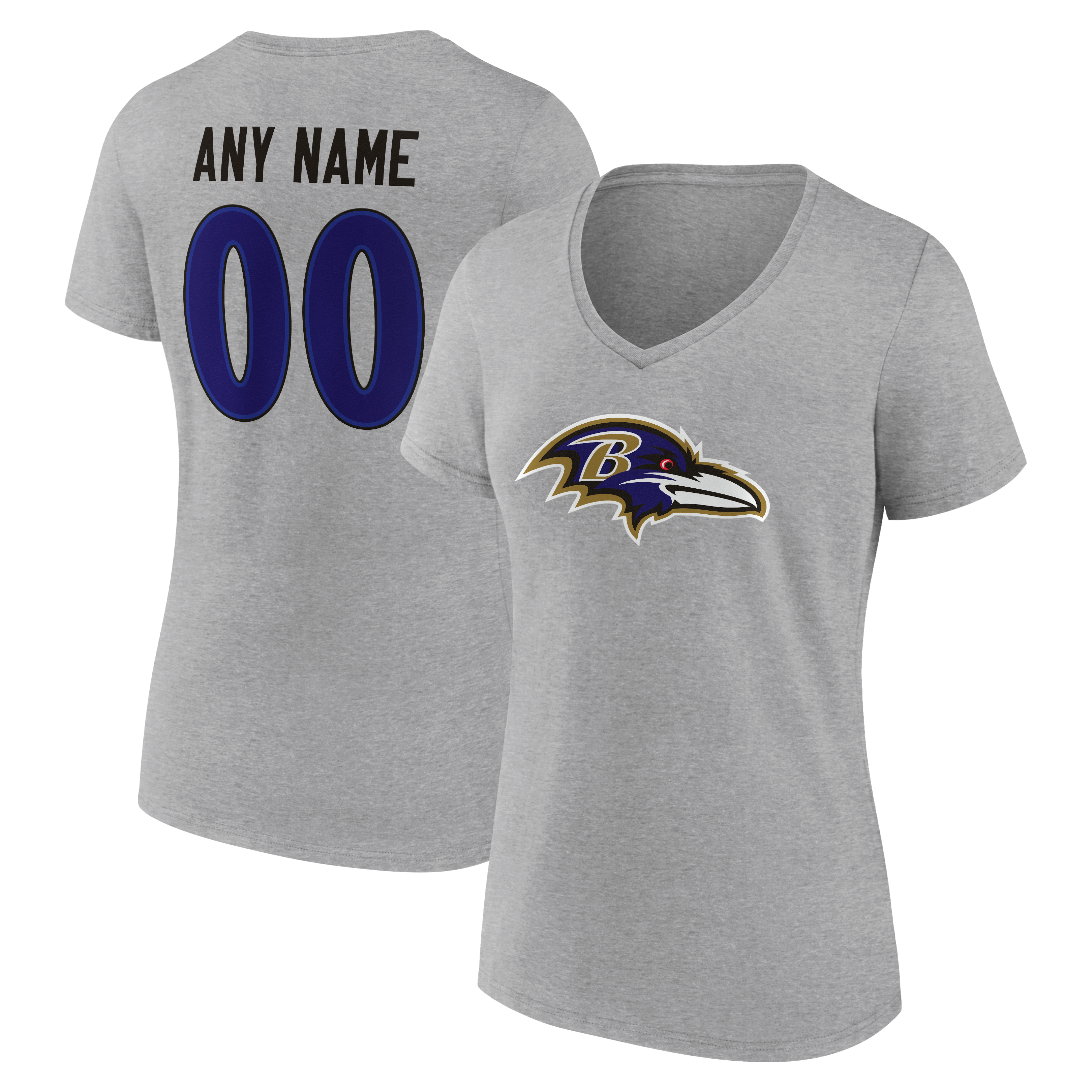 T-shirt gris pour femme Baltimore Ravens, authentique et personnalisé avec nom numéro, col en V