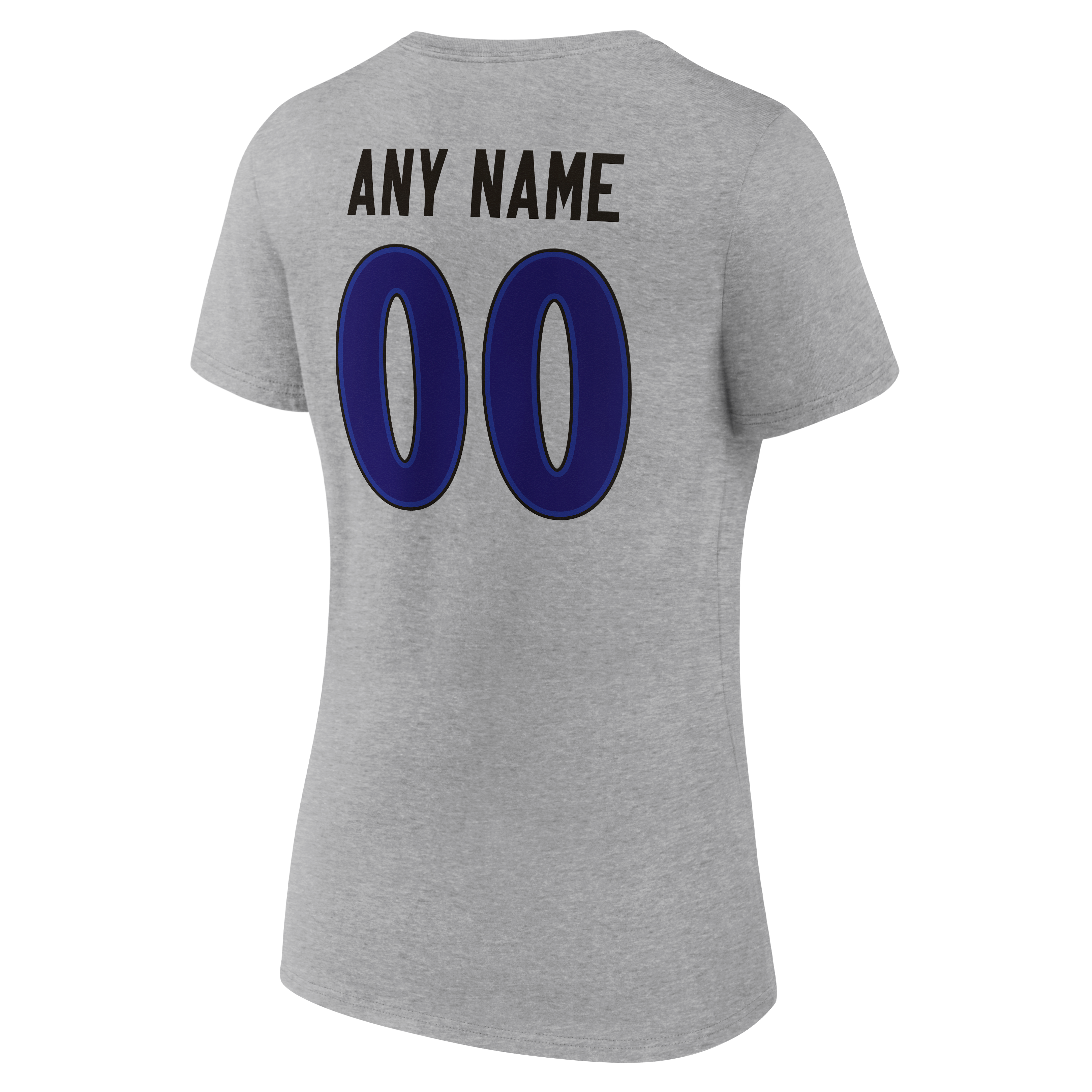 T-shirt gris pour femme Baltimore Ravens, authentique et personnalisé avec nom numéro, col en V