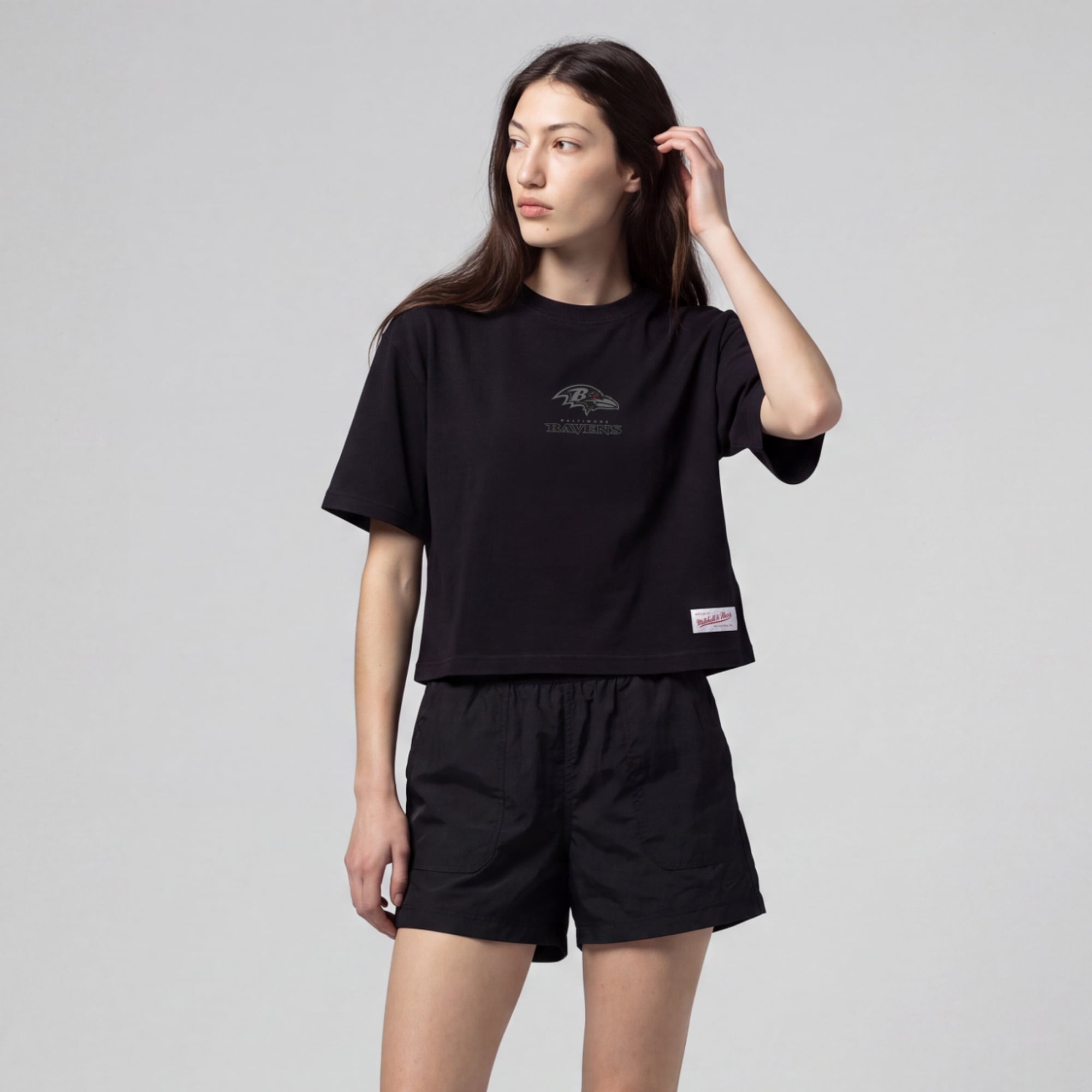 Women's Mitchell & Ness Baltimore Ravens Core Essentials Micro Logo Boxy Crop T-Shirt
