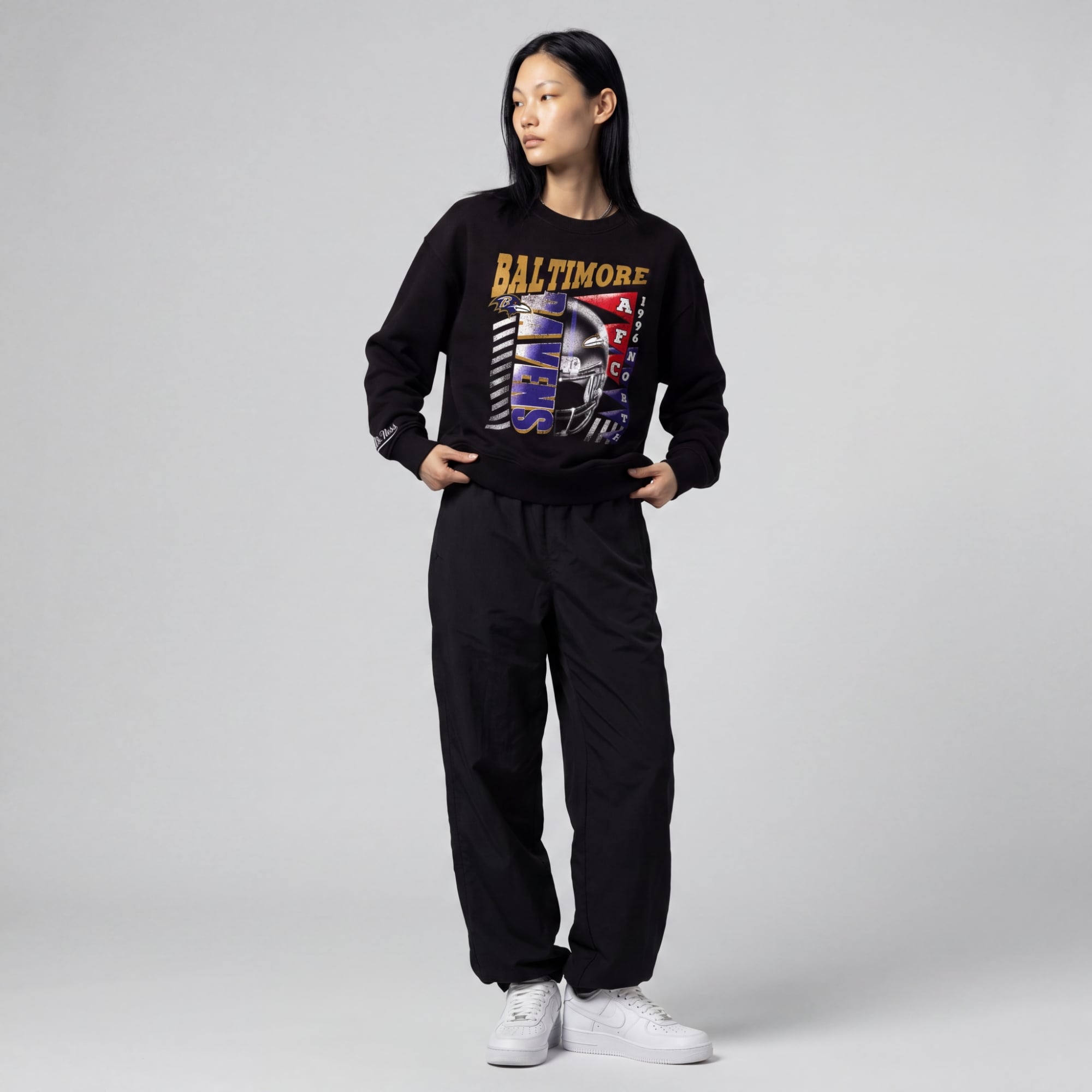 Women's Mitchell & Ness  Black Baltimore Ravens Street Graphic Crewneck Sweatshirt