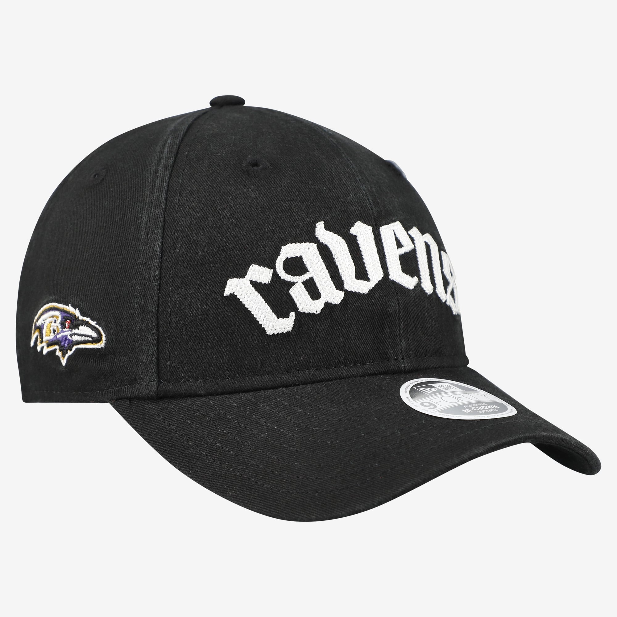 Casquette ajustable New Era noire Baltimore Ravens, police gothique 9FORTY M-Crown
