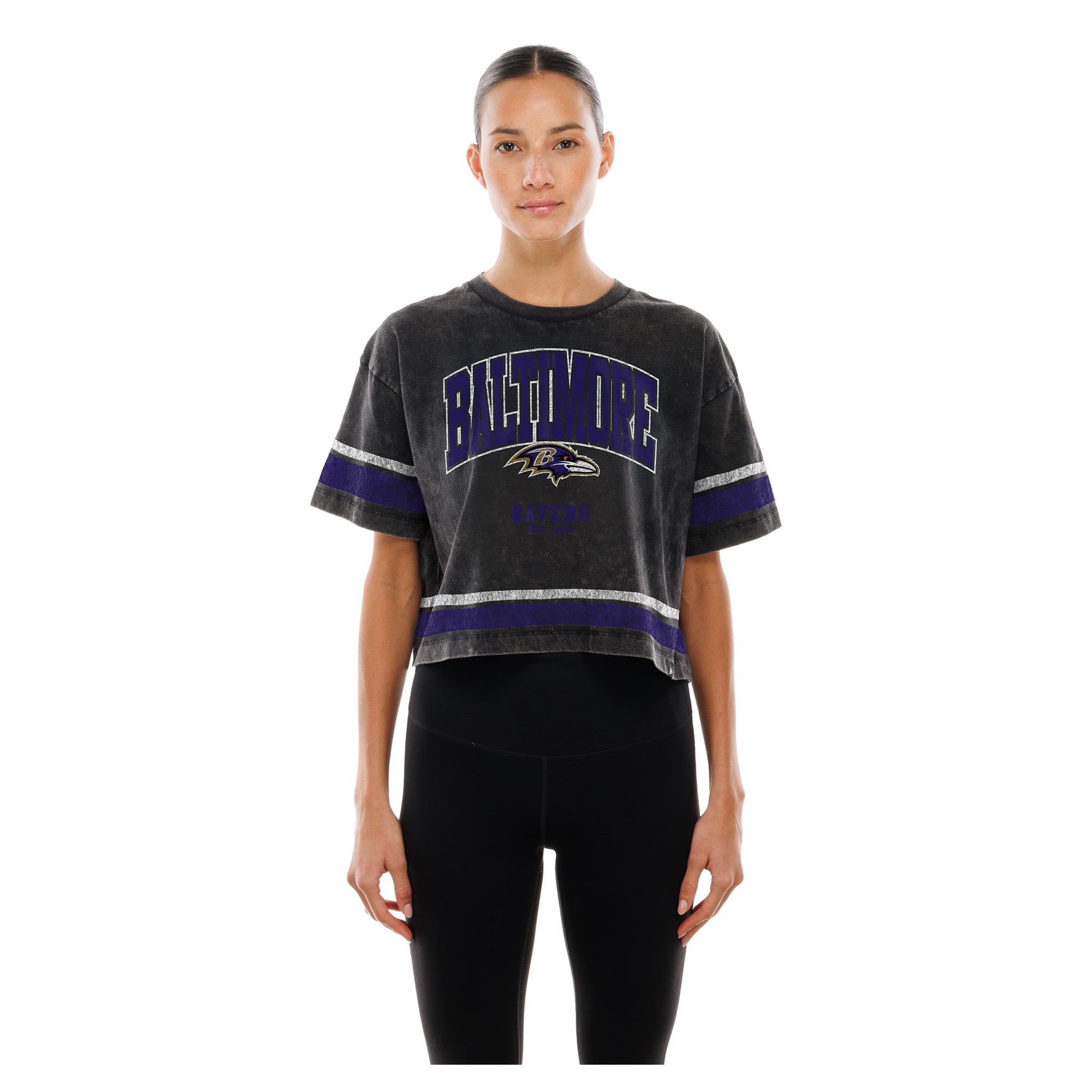 Women's New Era Black Baltimore Ravens Lifestyle Mineral Wash Boxy Cropped T-Shirt