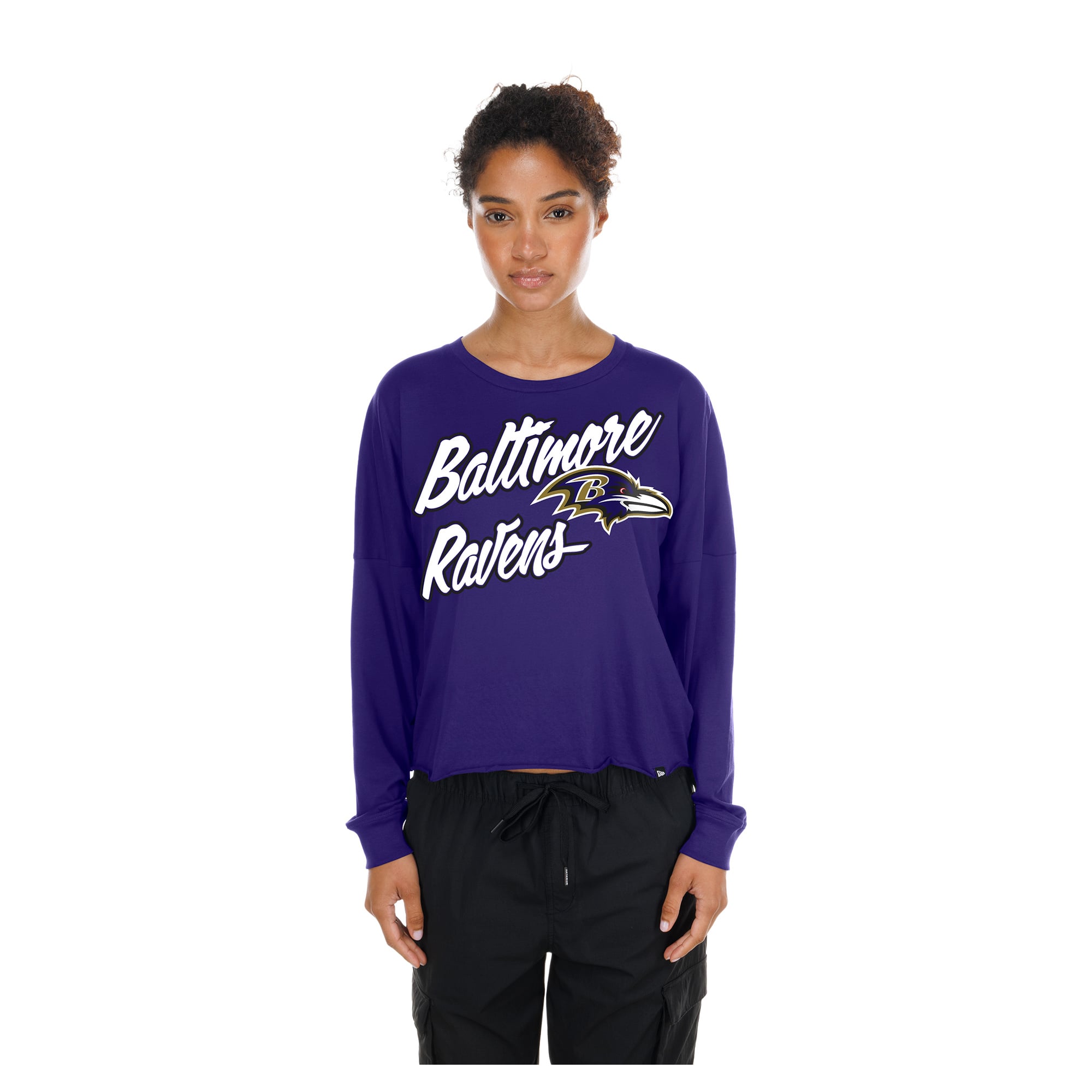 Women's New Era  Purple Baltimore Ravens Cropped Oversized Long Sleeve T-Shirt