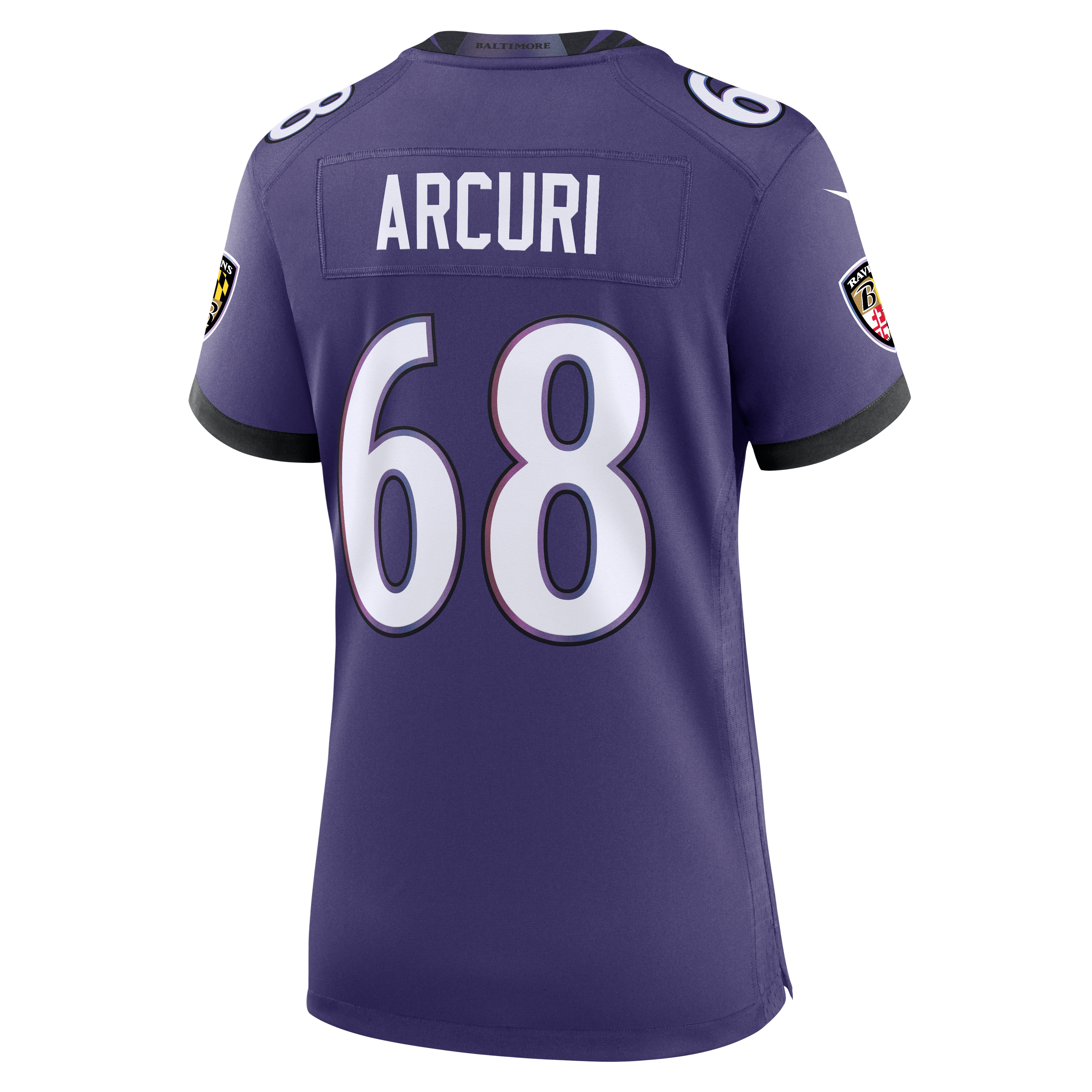 Maillot de match Nike AJ Arcuri violet pour femme, équipe des Ravens Baltimore