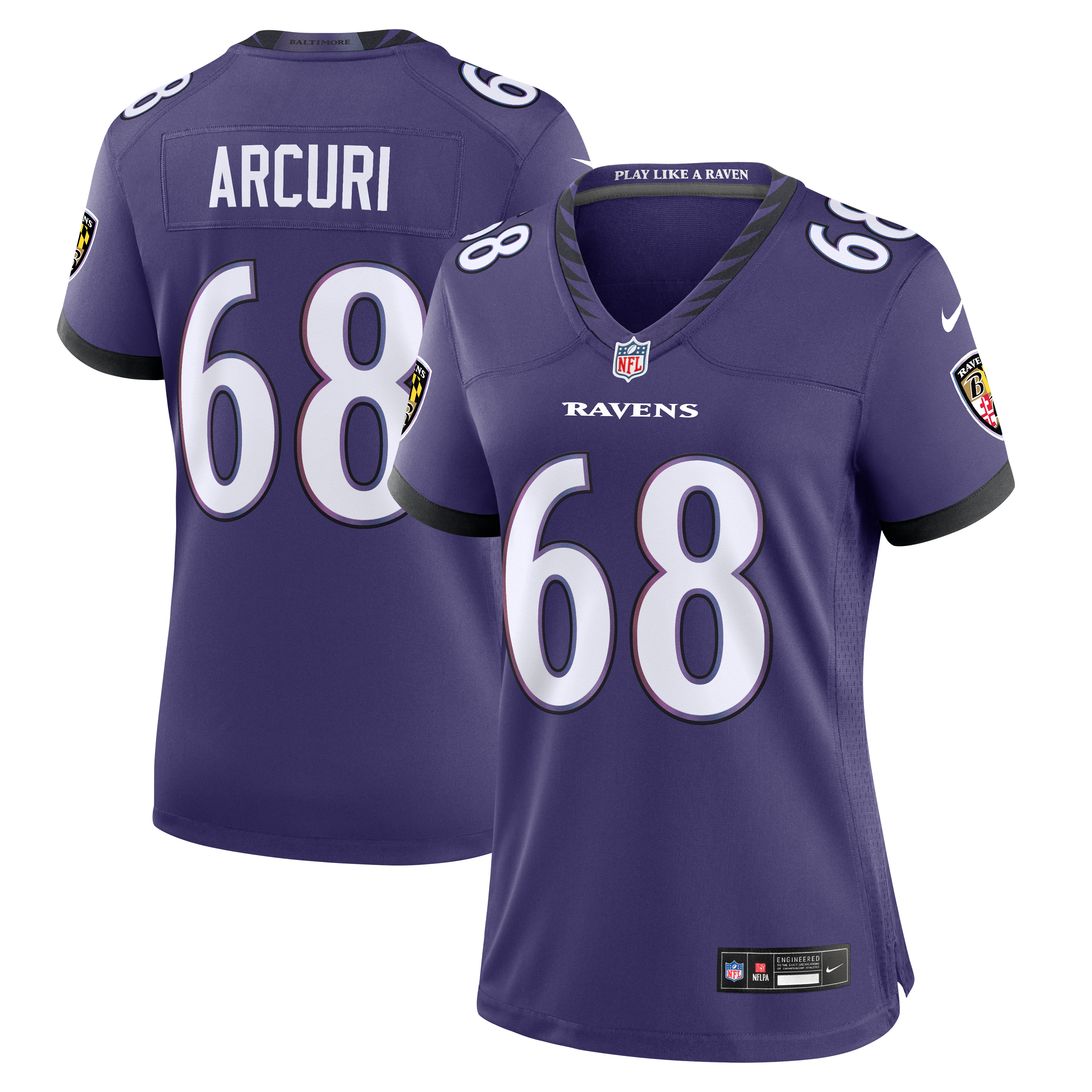 Maillot de match Nike AJ Arcuri violet pour femme, équipe des Ravens Baltimore