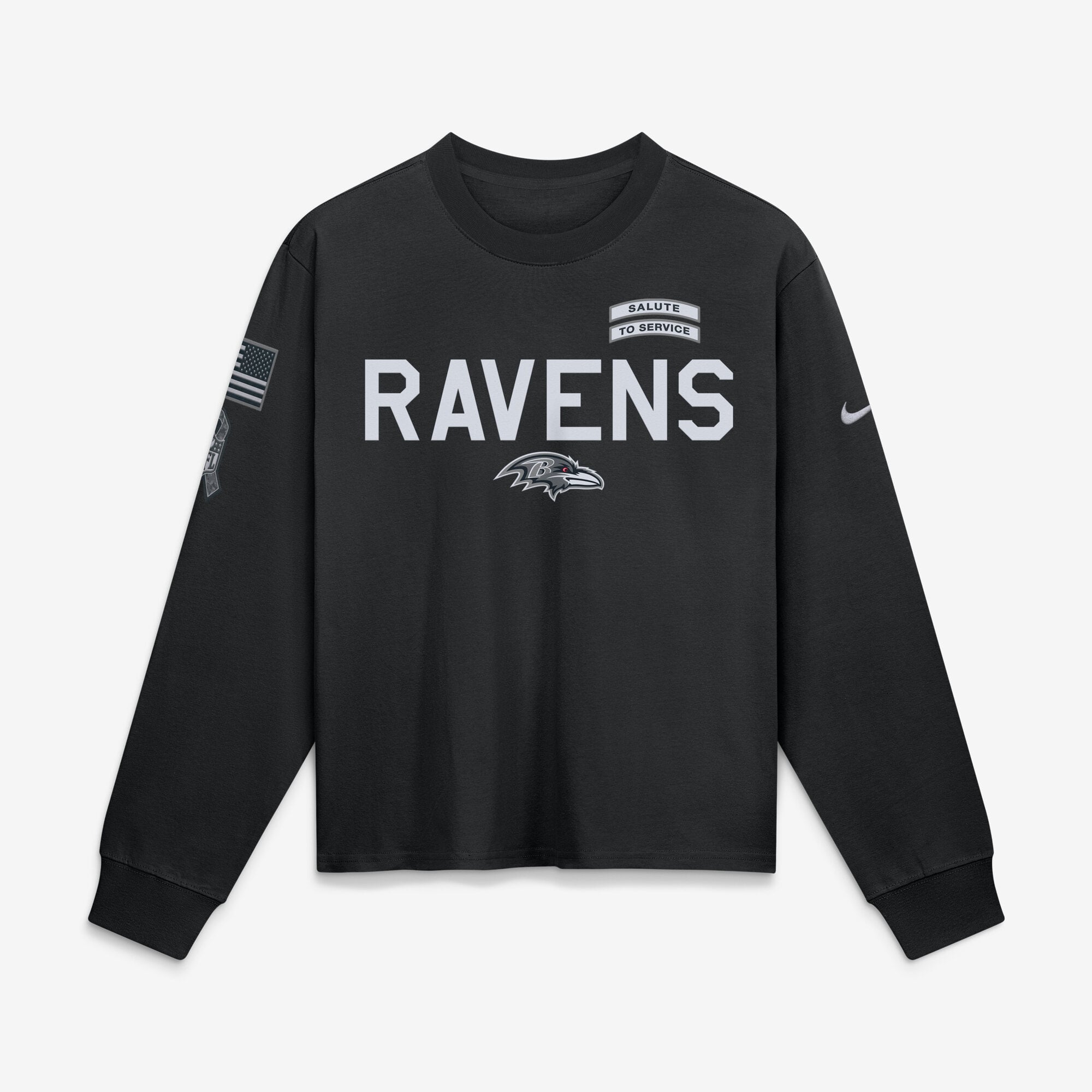 T-shirt à manches longues Nike noir pour femme, Baltimore Ravens 2026 Salute to Service Sideline