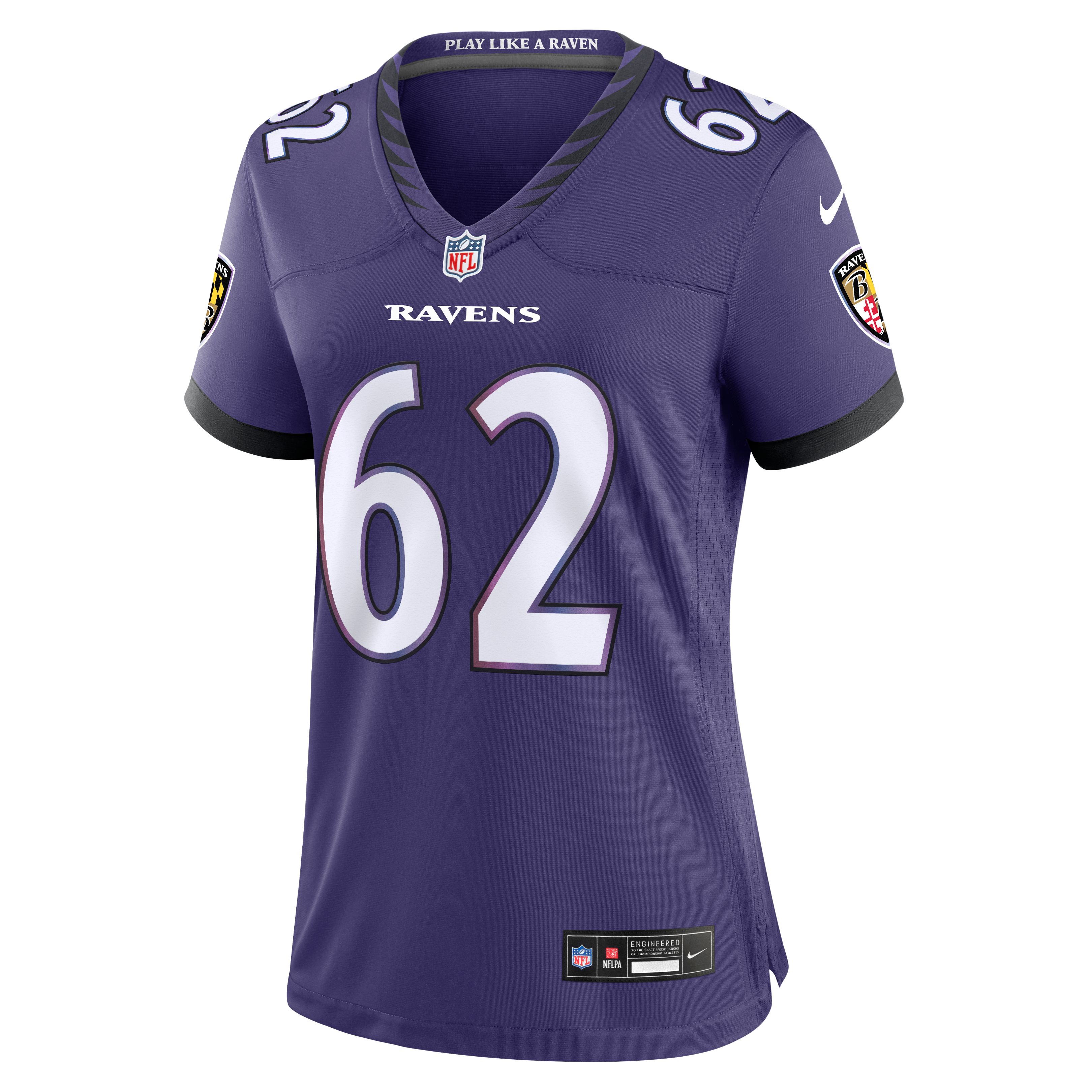Maillot de match Nike Chuma Edoga violet pour femme, équipe des Ravens Baltimore