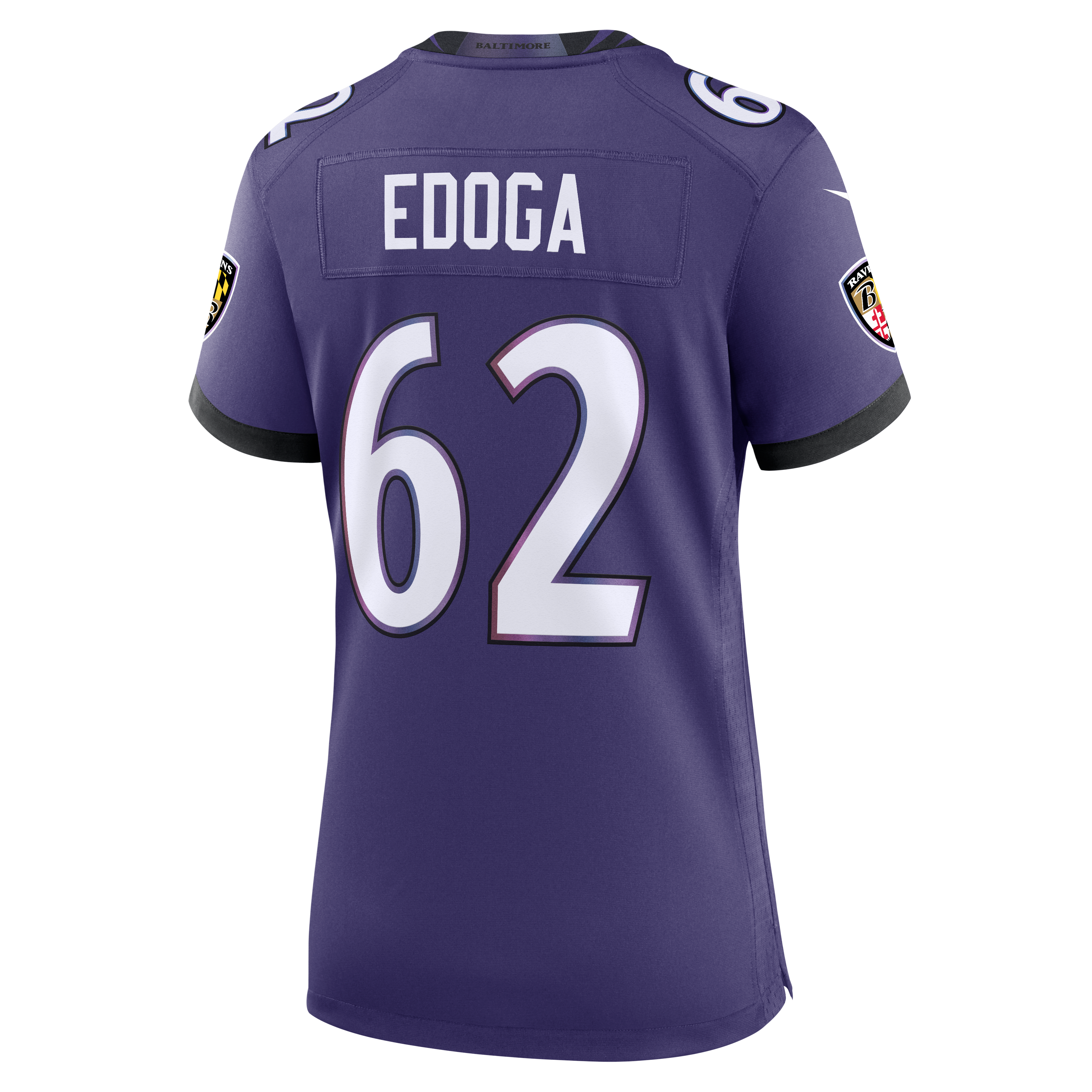 Maillot de match Nike Chuma Edoga violet pour femme, équipe des Ravens Baltimore