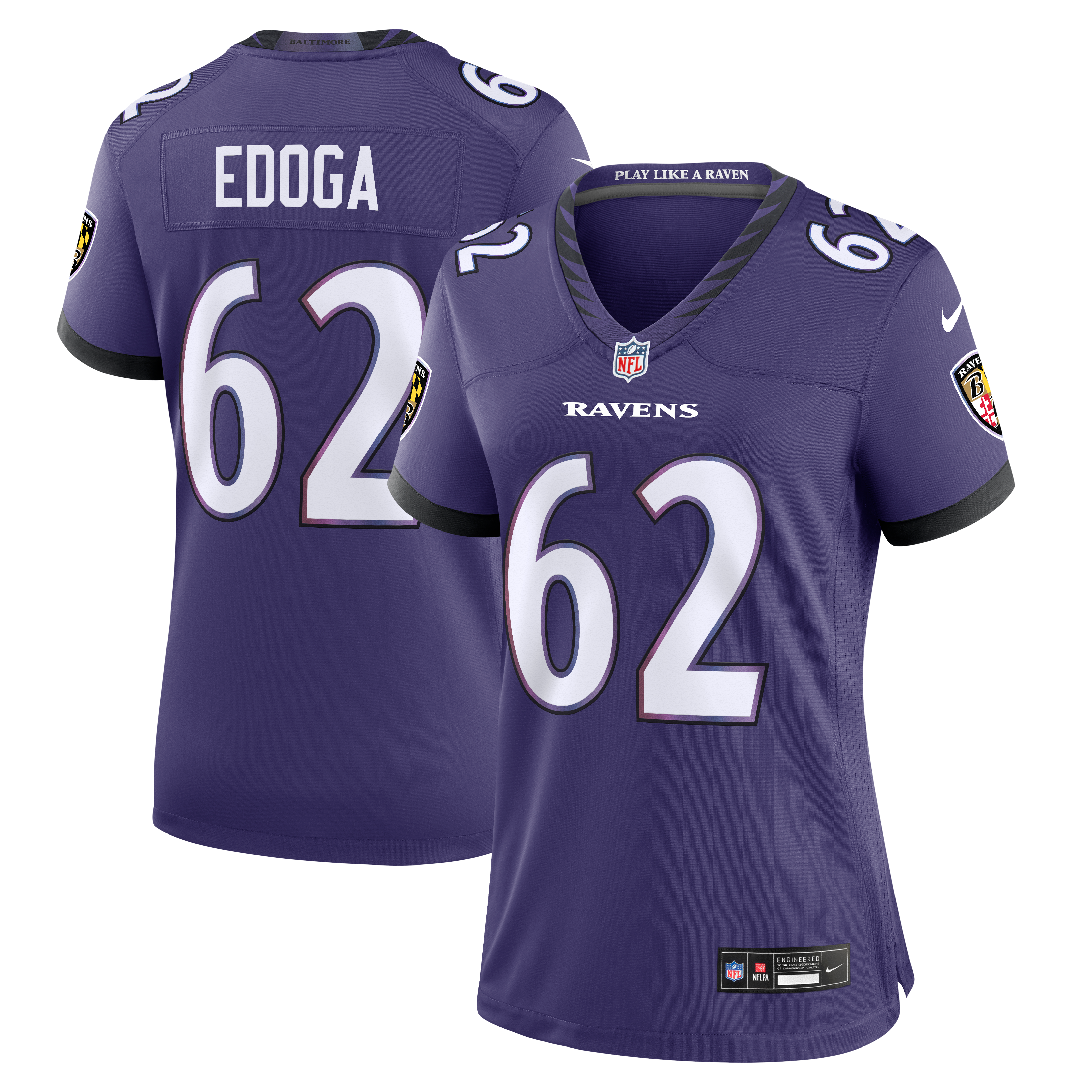 Maillot de match Nike Chuma Edoga violet pour femme, équipe des Ravens Baltimore