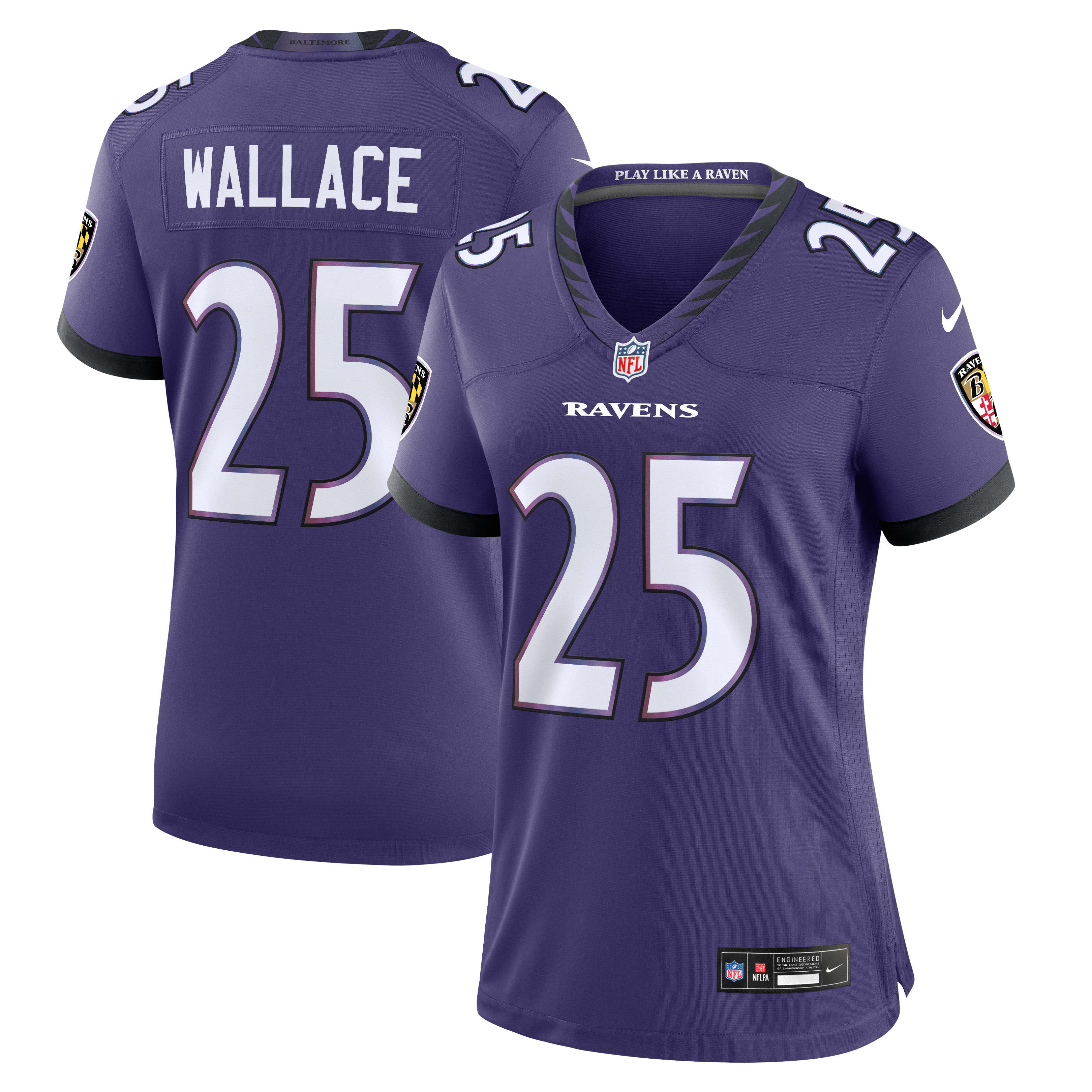 Maillot de match Nike K'Von Wallace violet pour femme, équipe des Ravens Baltimore