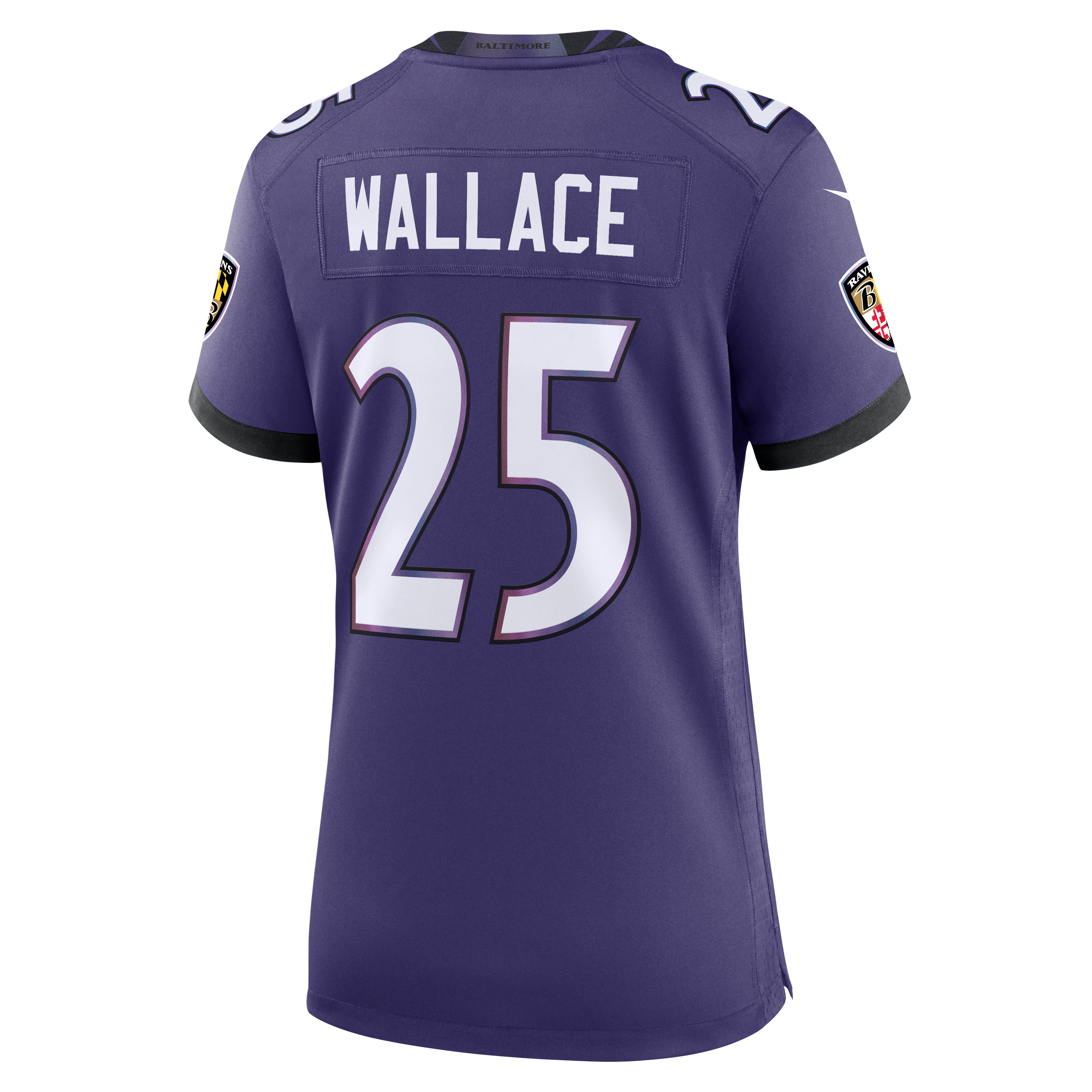 Maillot de match Nike K'Von Wallace violet pour femme, équipe des Ravens Baltimore