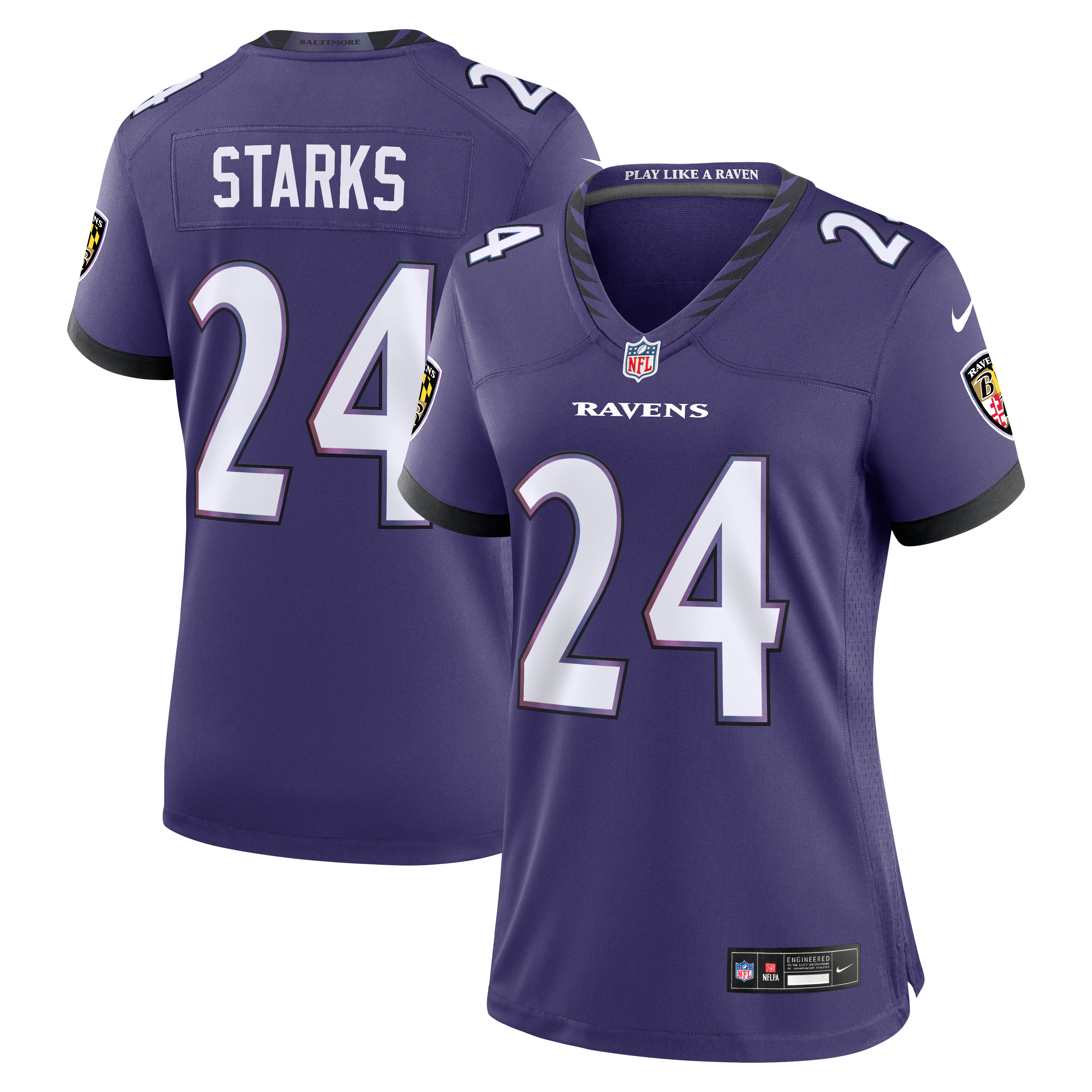 Maillot de match Nike Malaki Starks violet pour femme, équipe des Ravens Baltimore