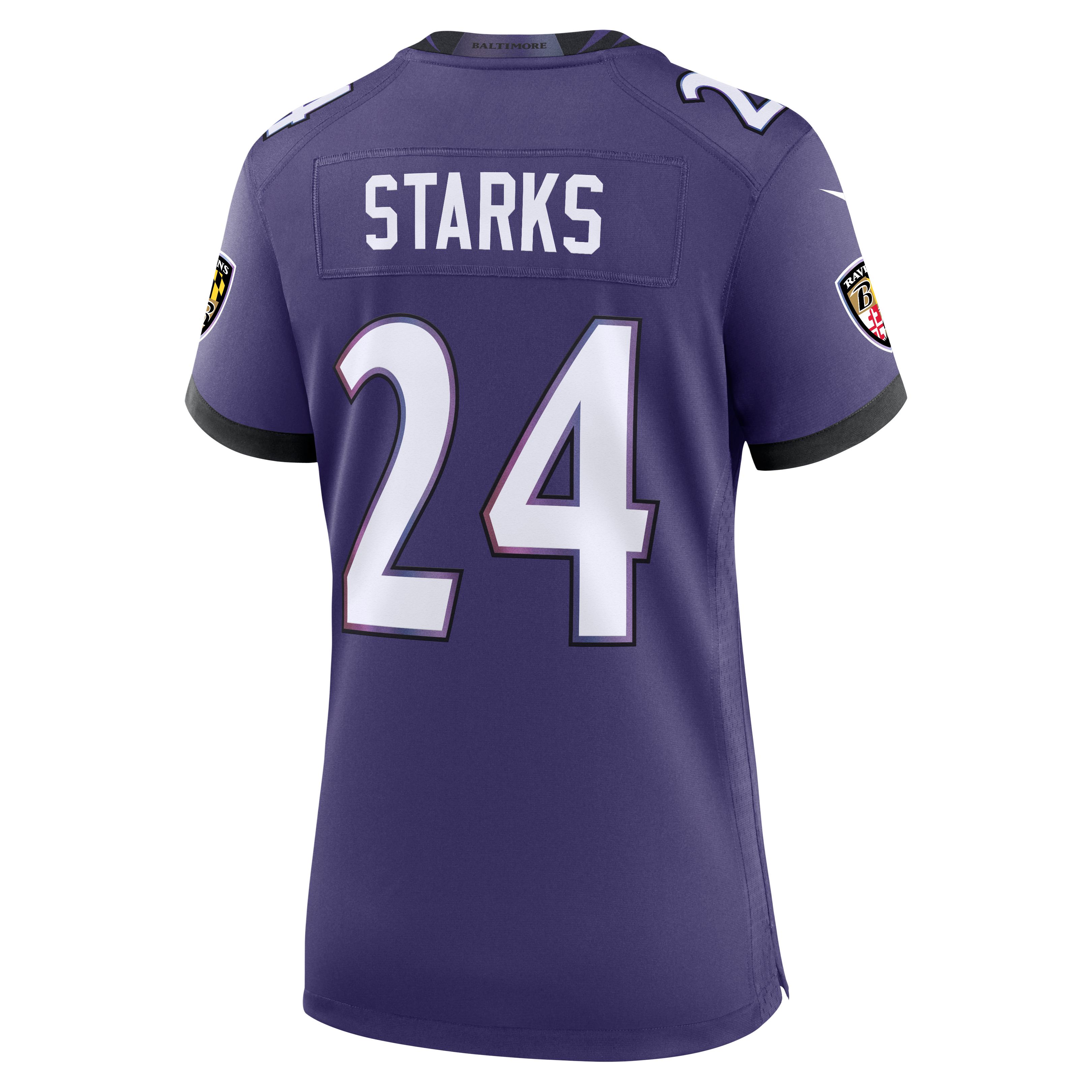 Maillot de match Nike Malaki Starks violet pour femme, équipe des Ravens Baltimore
