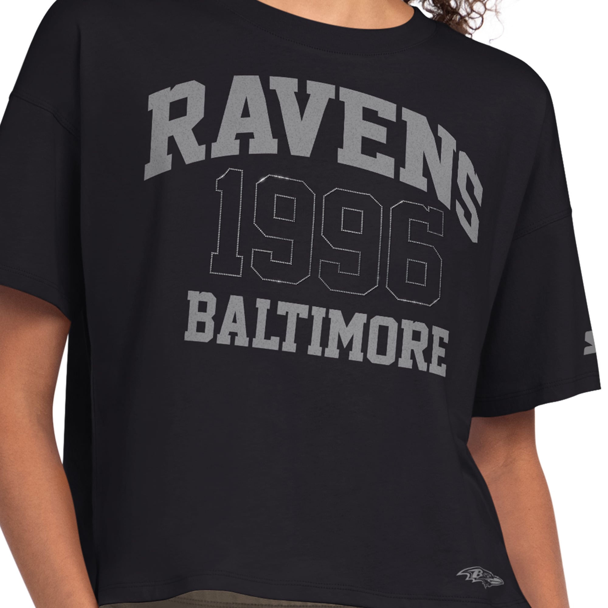 Women's Starter Black Baltimore Ravens Rhinestone Boxy Cropped T-Shirt