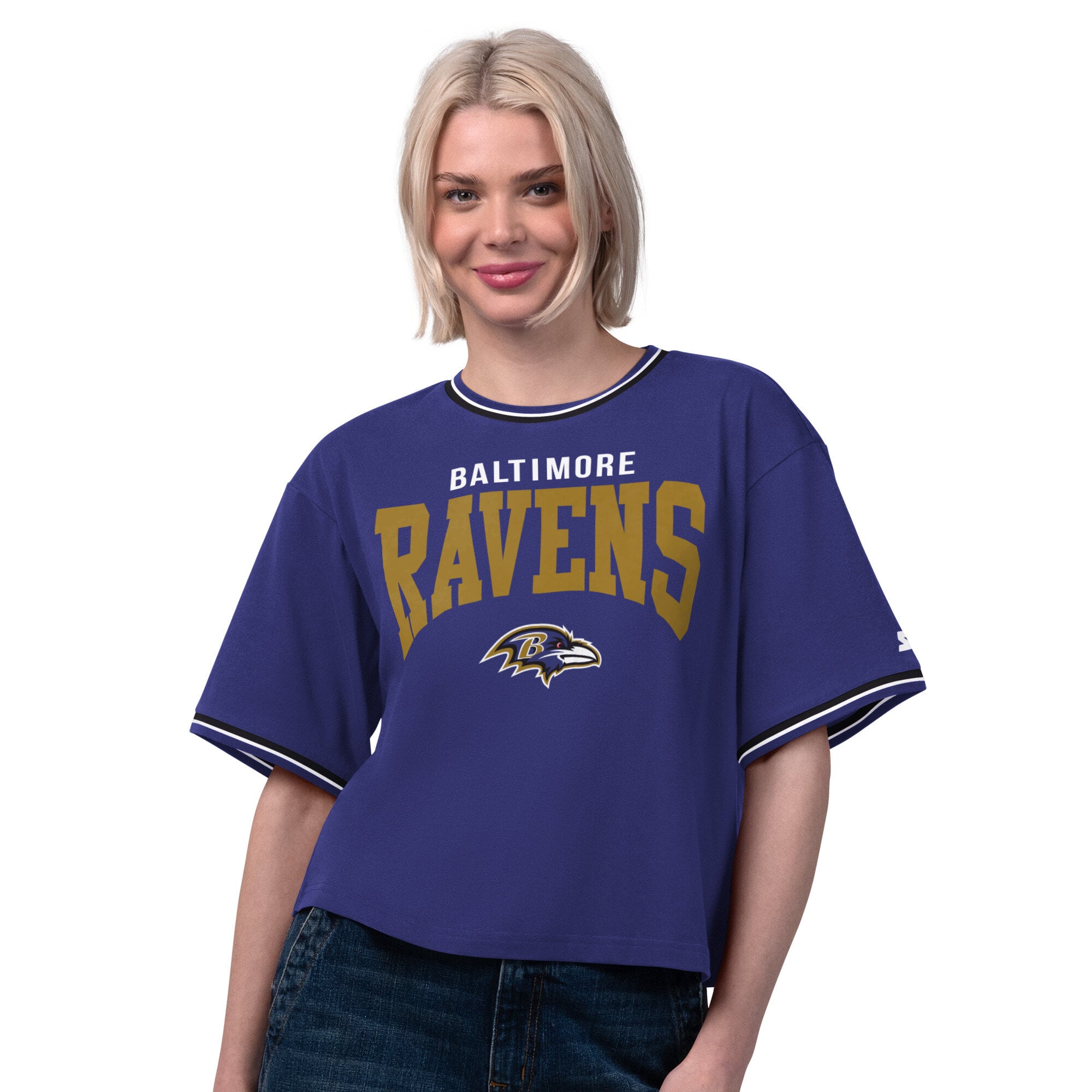 T-shirt court violet Starter pour femmes, modèle Ace des Ravens de Baltimore