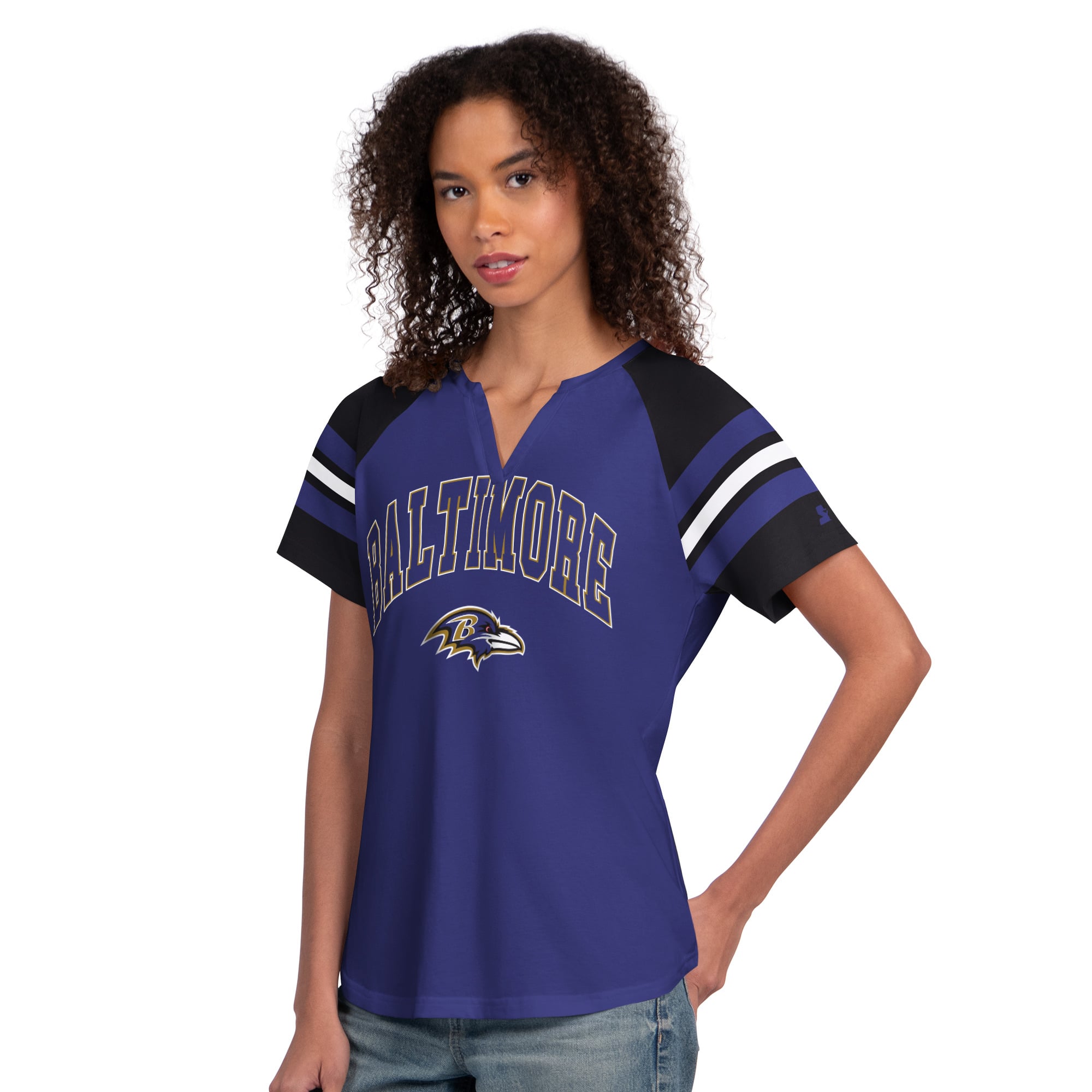 T-shirt raglan à col cranté violet Starter pour femme, Baltimore Ravens Game On