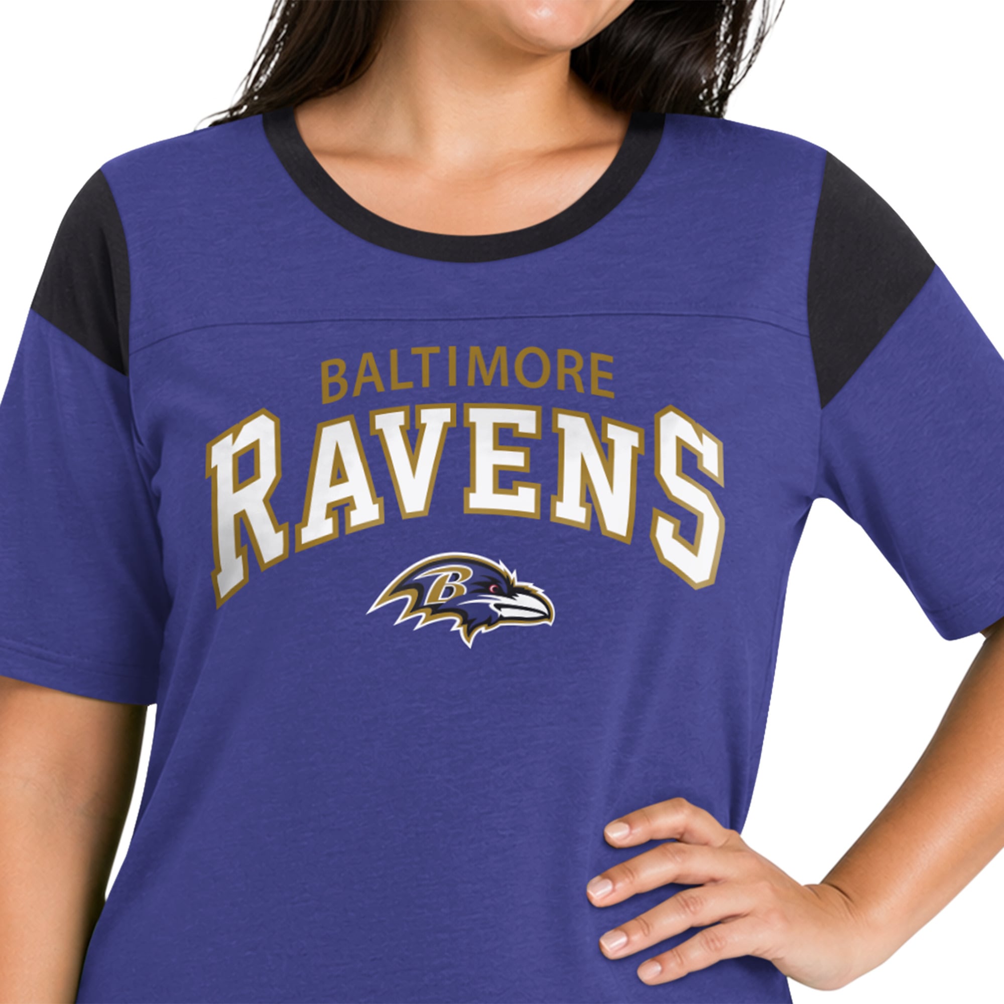 T-shirt Starter violet pour femme, Baltimore Ravens, grande taille, style linebacker, en jersey flammé.