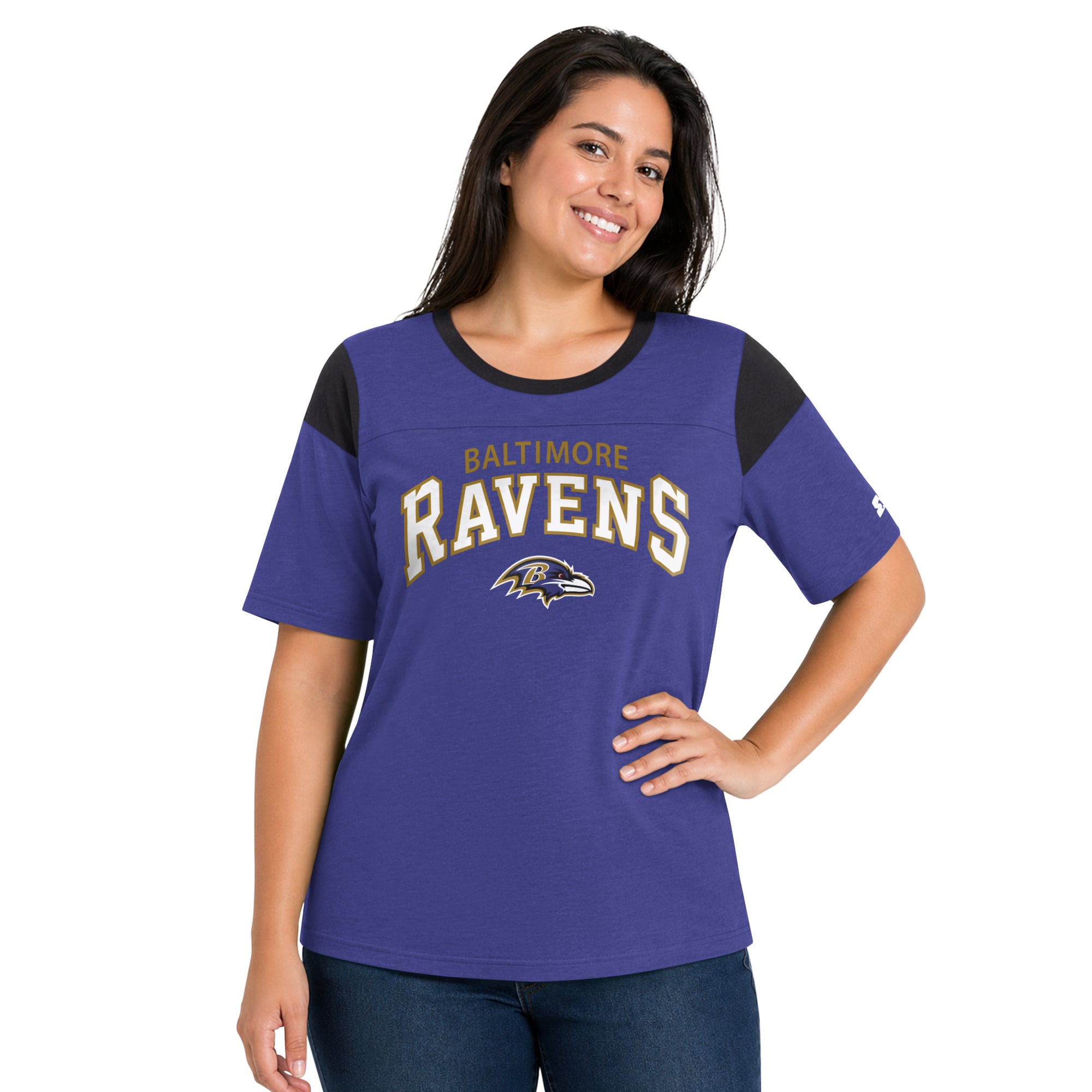 T-shirt Starter violet pour femme, Baltimore Ravens, grande taille, style linebacker, en jersey flammé.