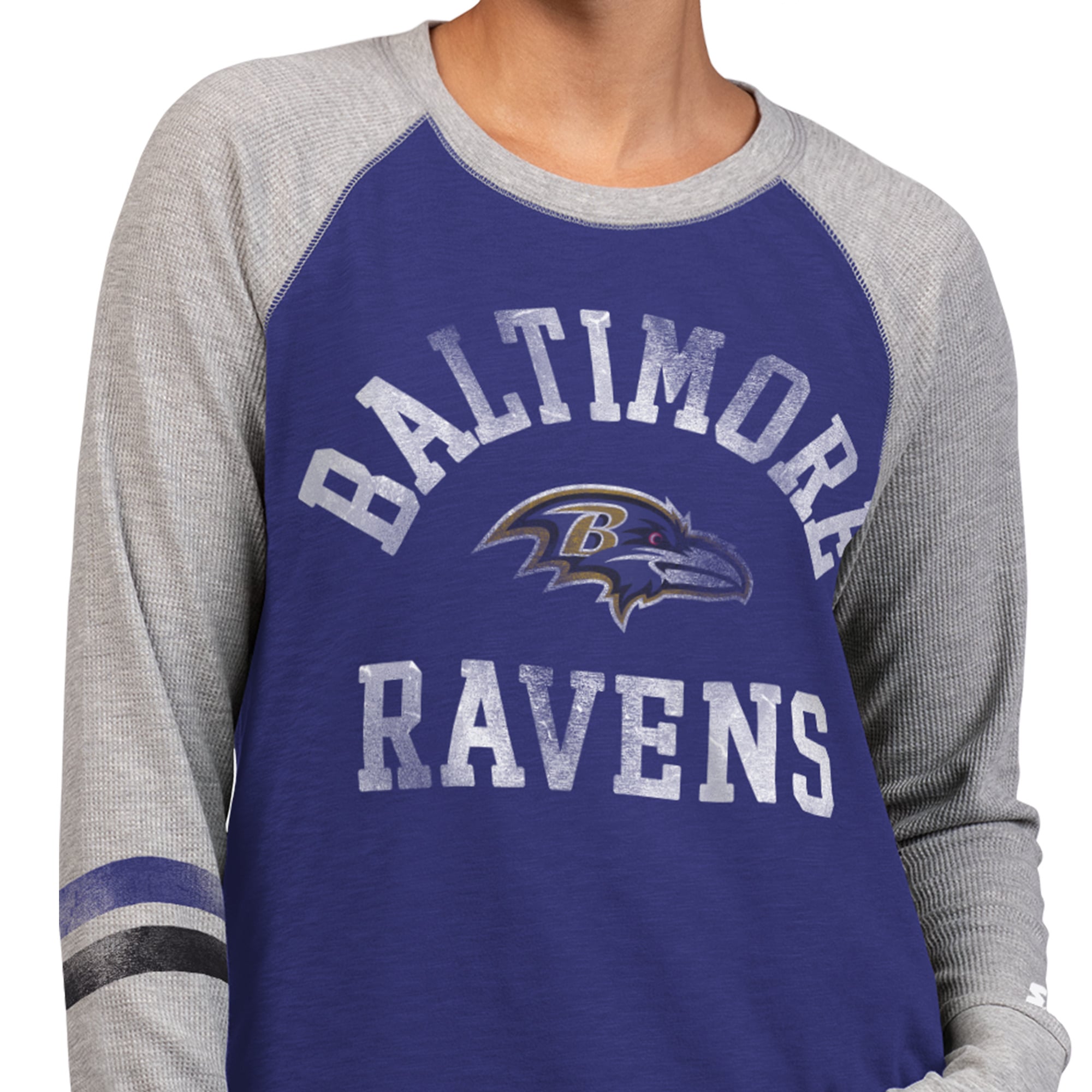 T-shirt à manches longues raglan en maille gaufrée Starter pour femmes, violet/gris, Baltimore Ravens