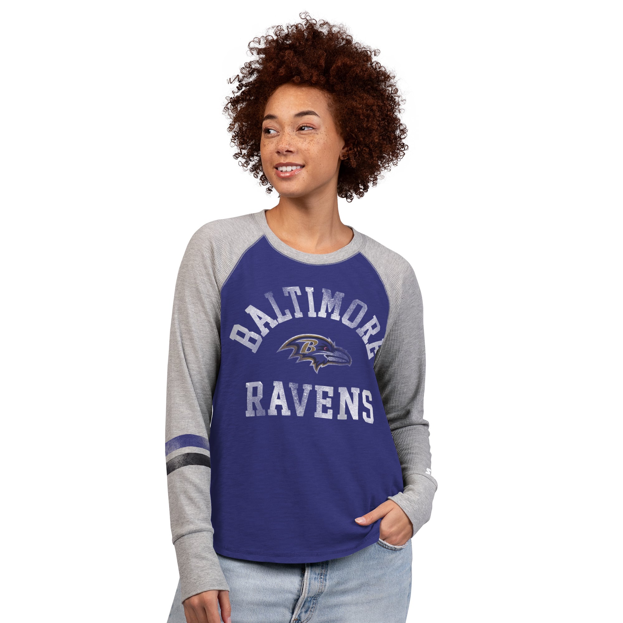T-shirt à manches longues raglan en maille gaufrée Starter pour femmes, violet/gris, Baltimore Ravens