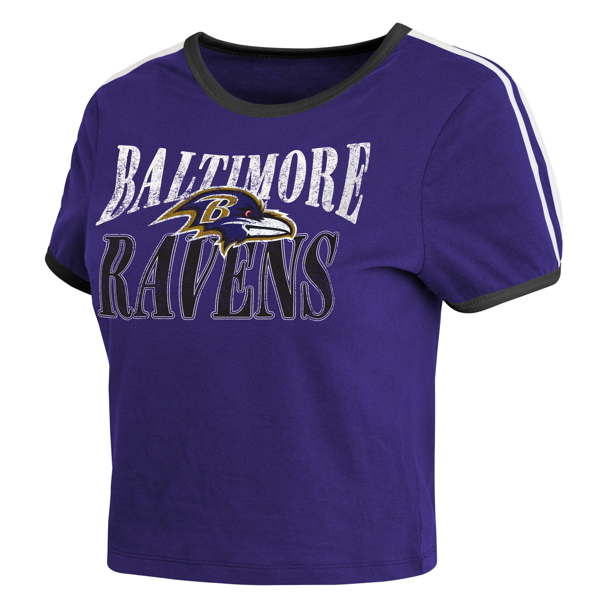 Women's WEAR by Erin Andrews Purple Baltimore Ravens Cropped Throwback Ringer Baby T-Shirt