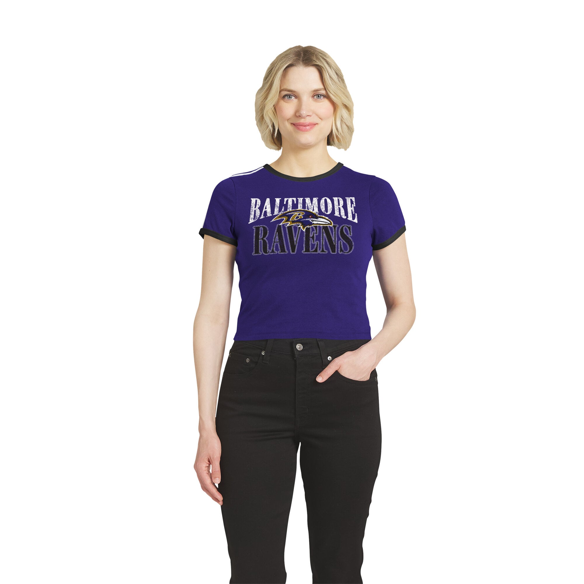 Women's WEAR by Erin Andrews Purple Baltimore Ravens Cropped Throwback Ringer Baby T-Shirt