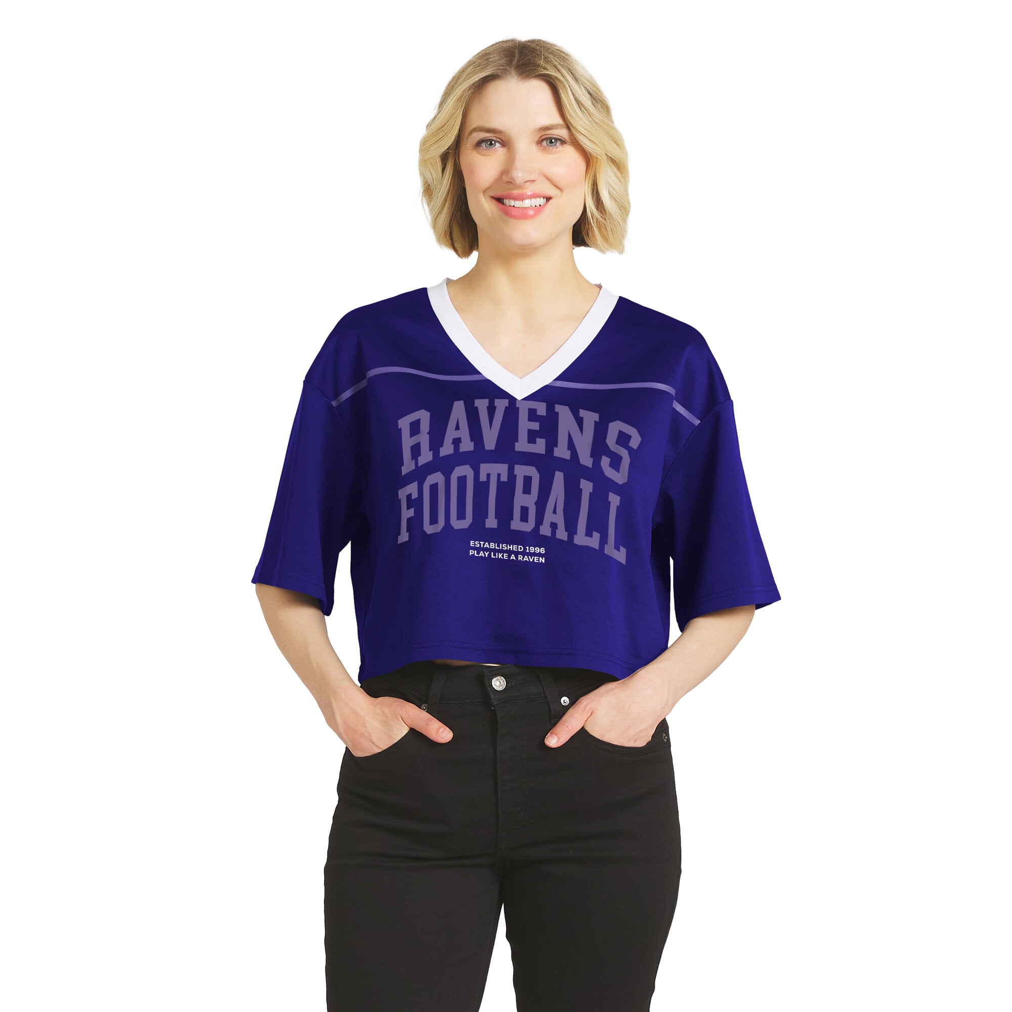 Women's WEAR by Erin Andrews Purple Baltimore Ravens Cropped V-Neck Jersey T-Shirt