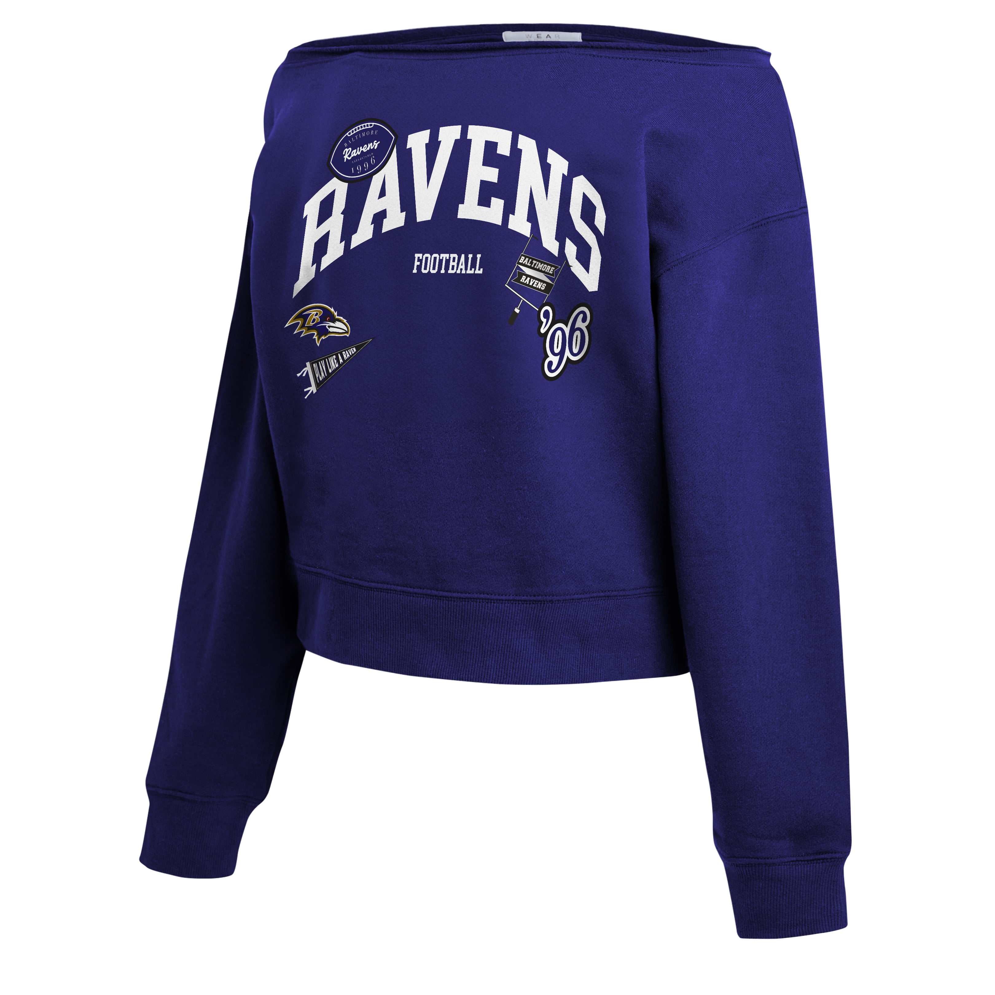 Women's WEAR by Erin Andrews Purple Baltimore Ravens Off-the-Shoulder Sweatshirt