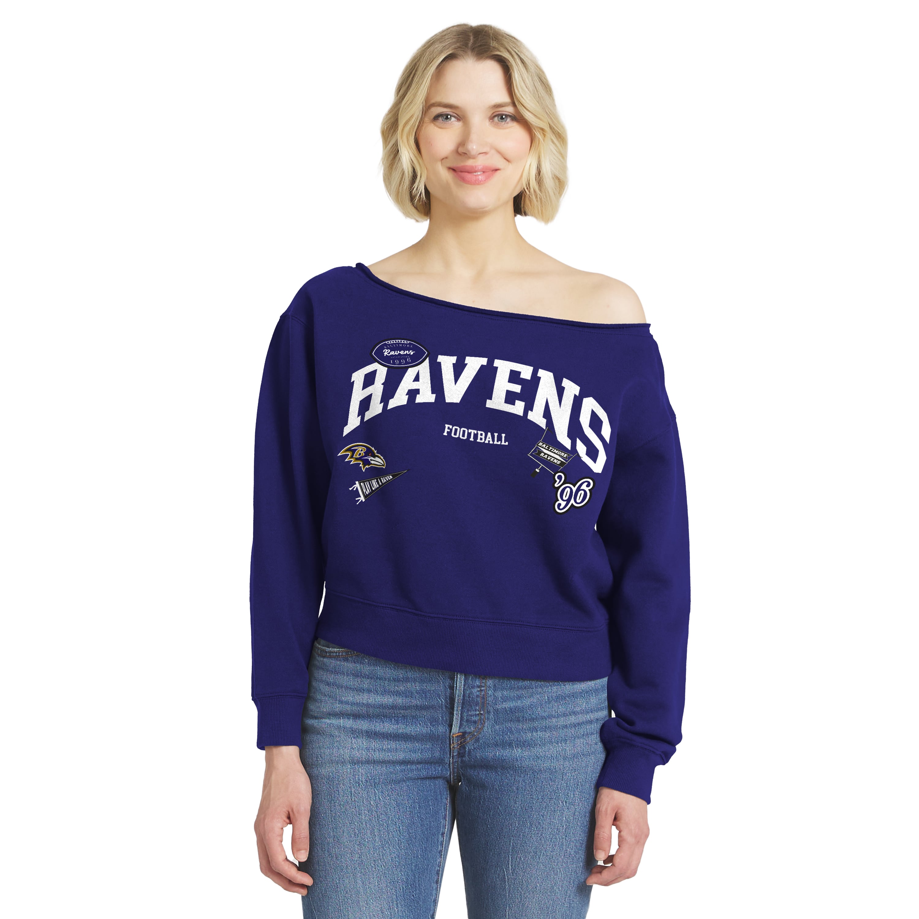 Women's WEAR by Erin Andrews Purple Baltimore Ravens Off-the-Shoulder Sweatshirt