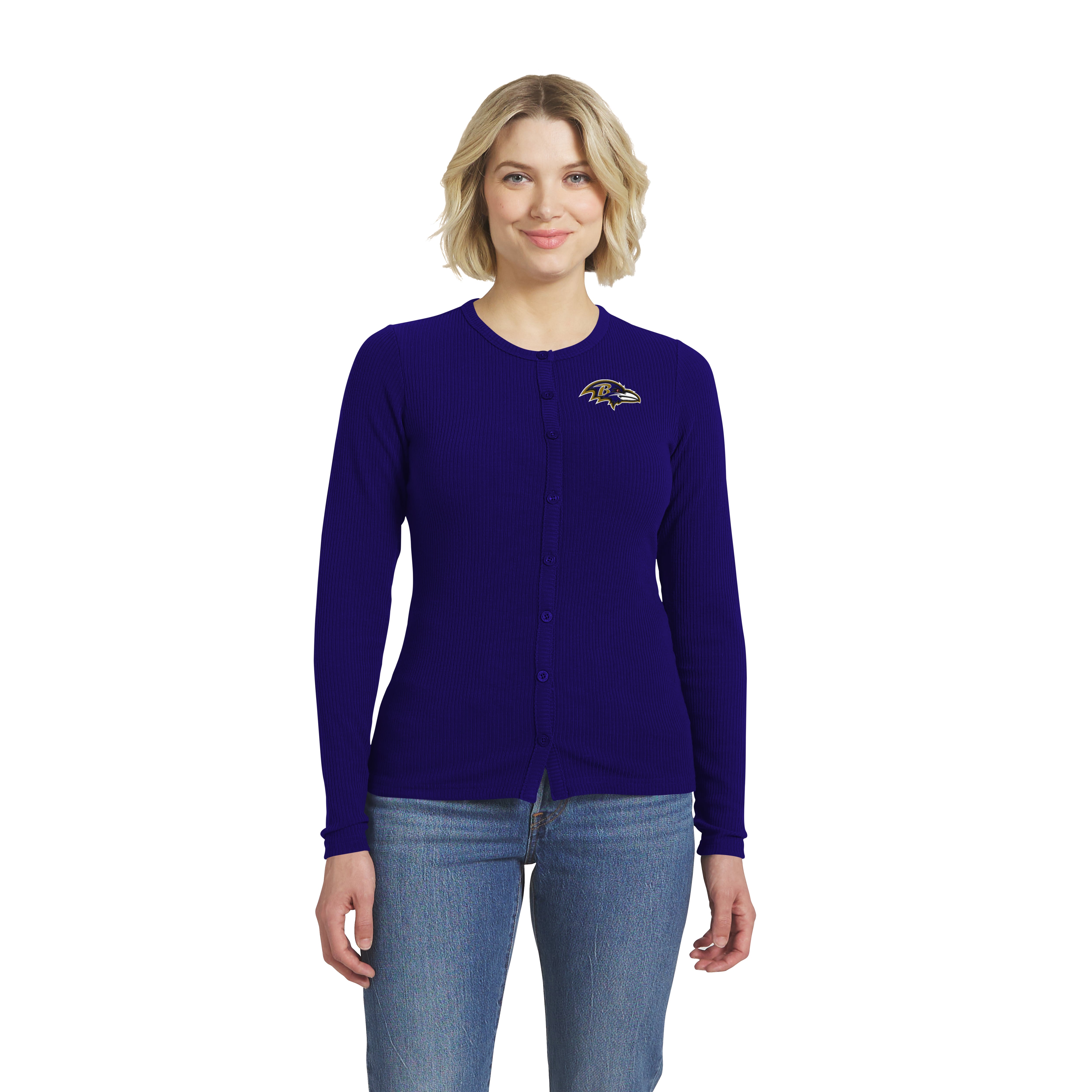 Women's WEAR by Erin Andrews  Purple Baltimore Ravens Ribbed Full-Button Cardigan Sweater