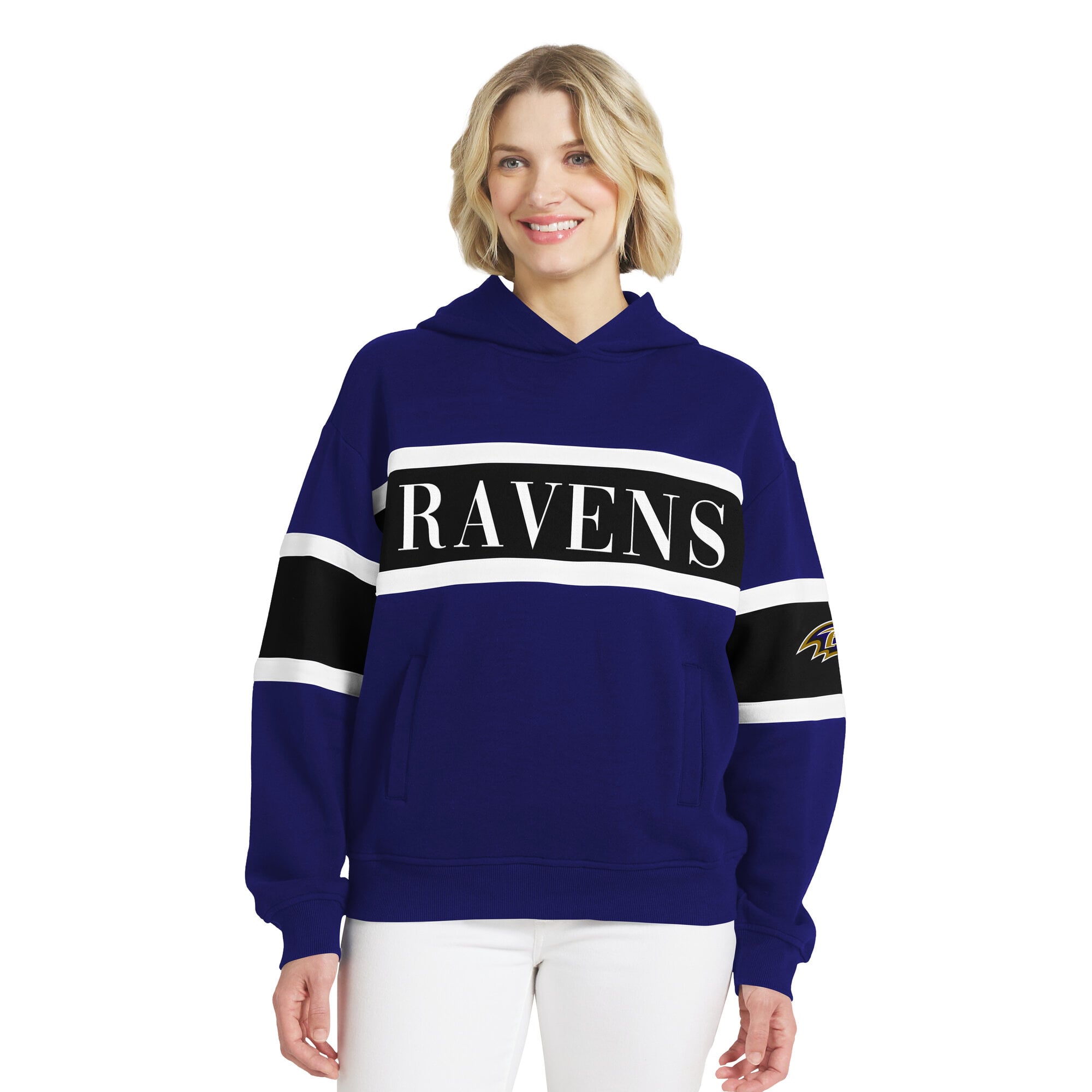 Sweat à capuche rayé violet Baltimore Ravens pour femme de la marque WEAR by Erin Andrews