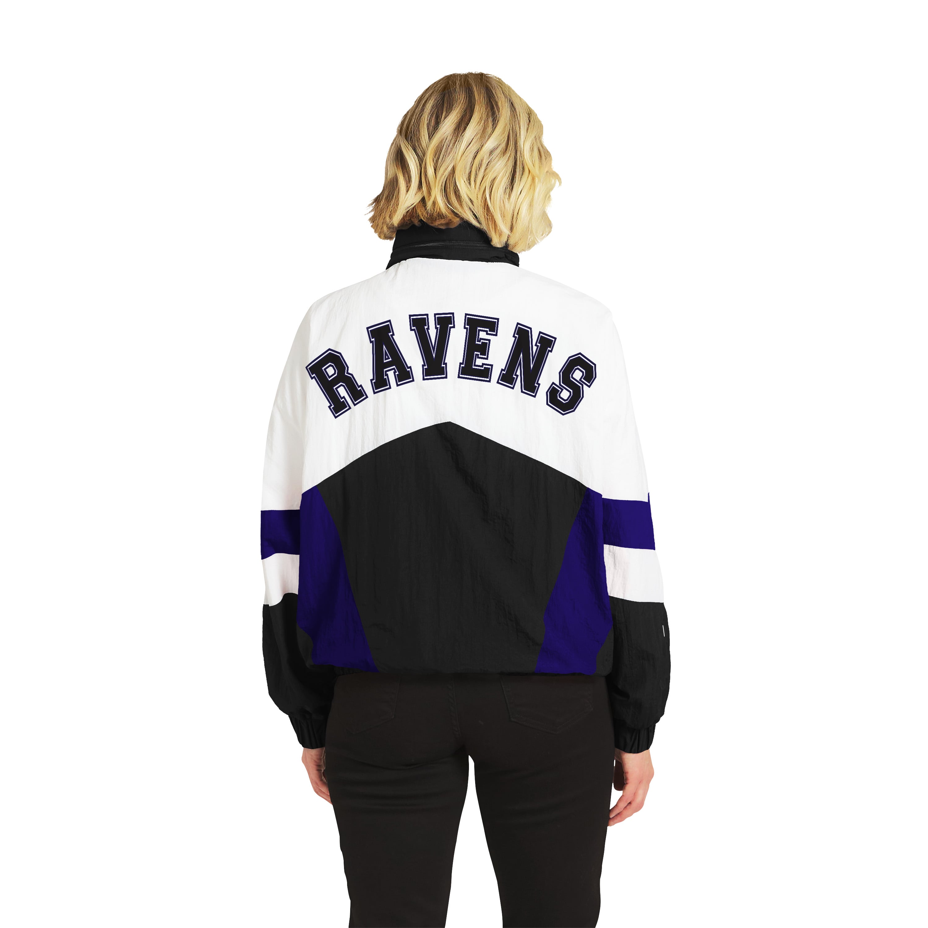 Women's WEAR by Erin Andrews White/Black Baltimore Ravens Crinkle Full-Snap Hooded Windbreaker Jacket