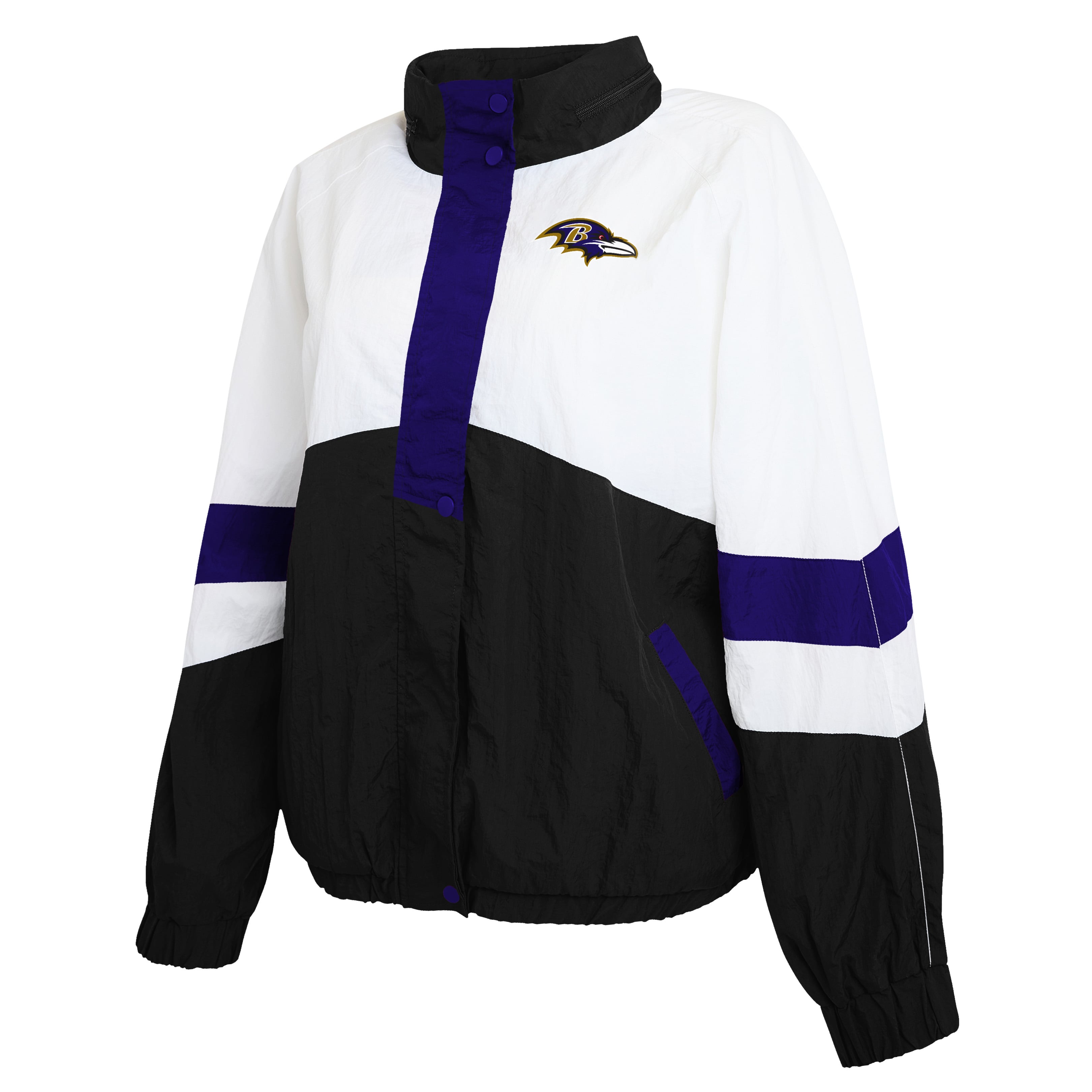 Women's WEAR by Erin Andrews White/Black Baltimore Ravens Crinkle Full-Snap Hooded Windbreaker Jacket