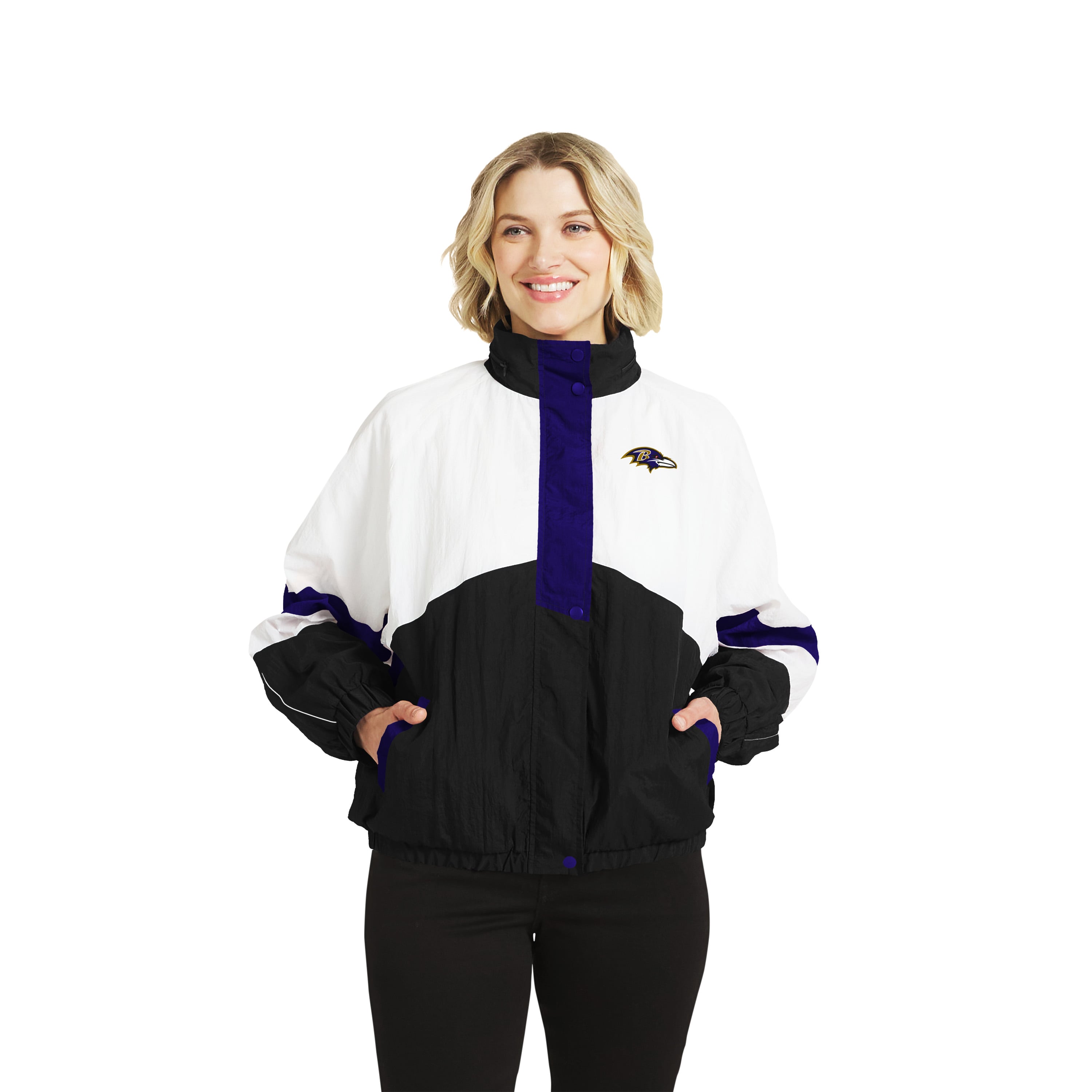 Women's WEAR by Erin Andrews White/Black Baltimore Ravens Crinkle Full-Snap Hooded Windbreaker Jacket