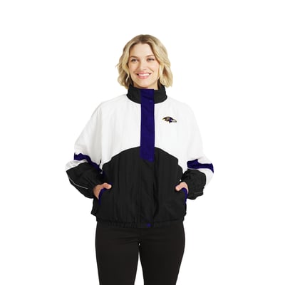  Baltimore Ravens WEAR by Erin Andrews Women's Crinkle Full-Snap Hooded Windbreaker Jacket - White/Black