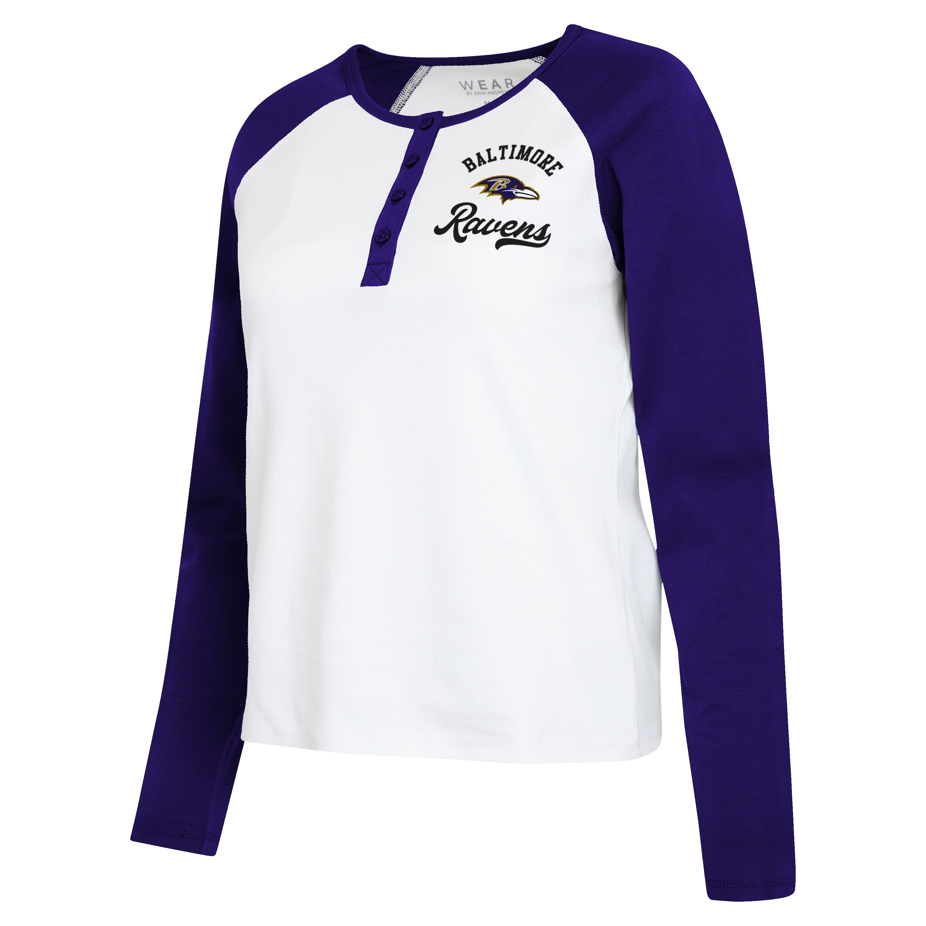 Women's WEAR by Erin Andrews White/Purple Baltimore Ravens Henley Long Sleeve Raglan T-Shirt