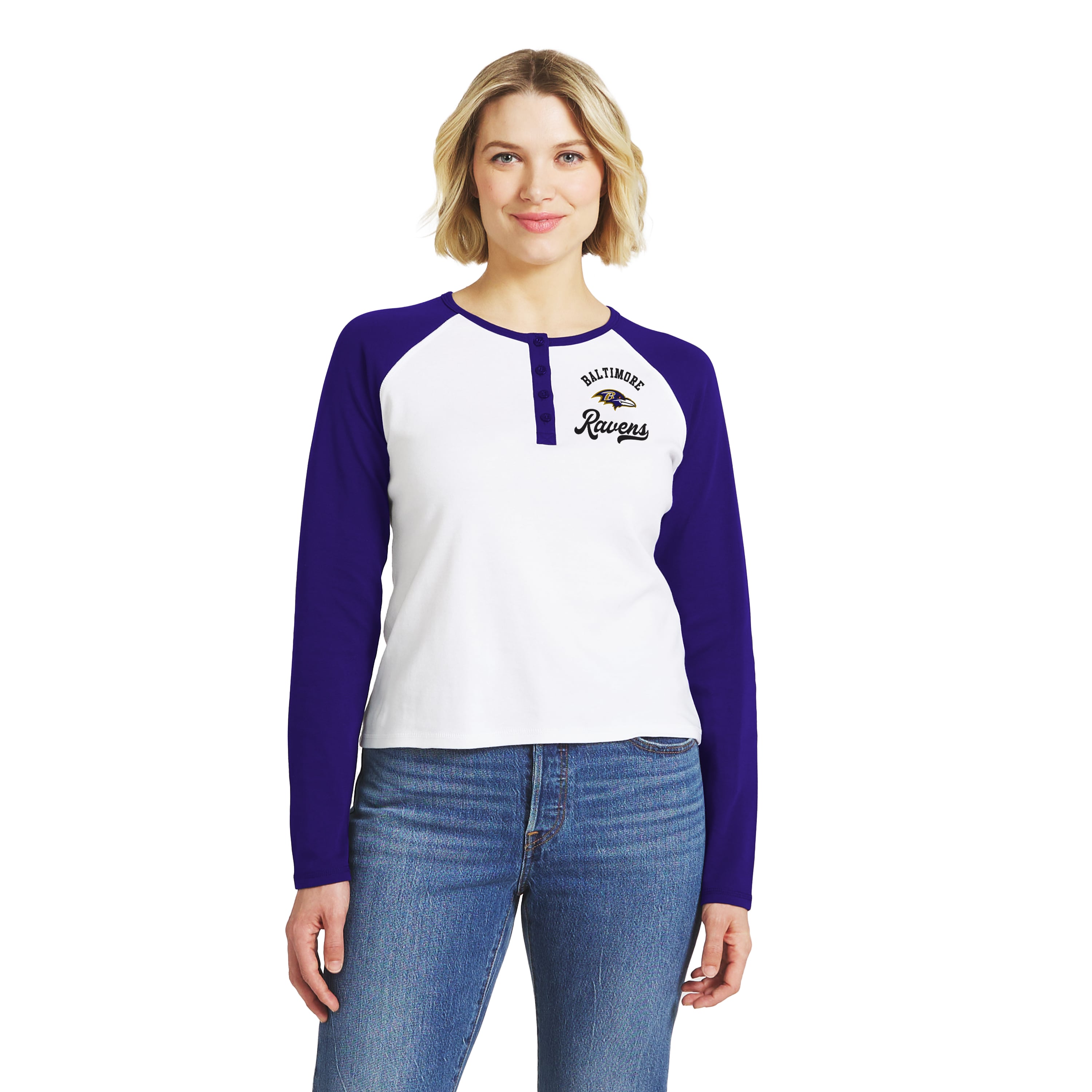 Women's WEAR by Erin Andrews White/Purple Baltimore Ravens Henley Long Sleeve Raglan T-Shirt