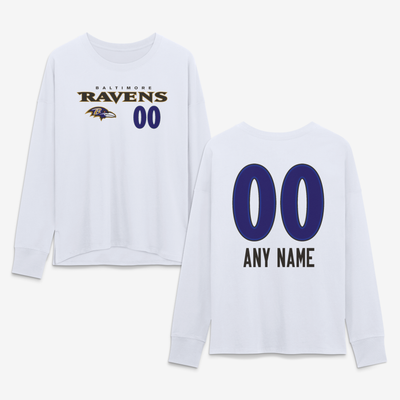 Baltimore Ravens Women's Touchdown Wordmark Personalized Name & Number Long Sleeve T-Shirt - White
