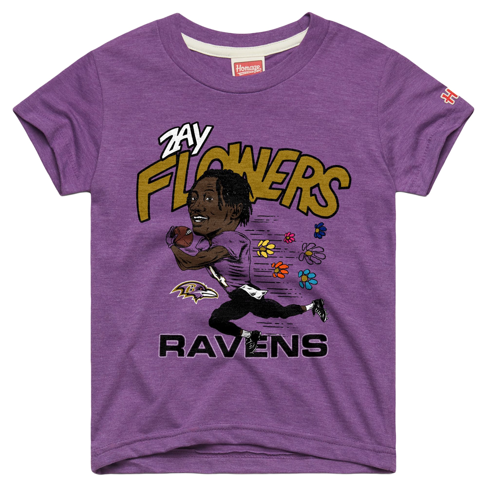 Youth Homage Zay Flowers Purple Baltimore Ravens Caricature T-Shirt