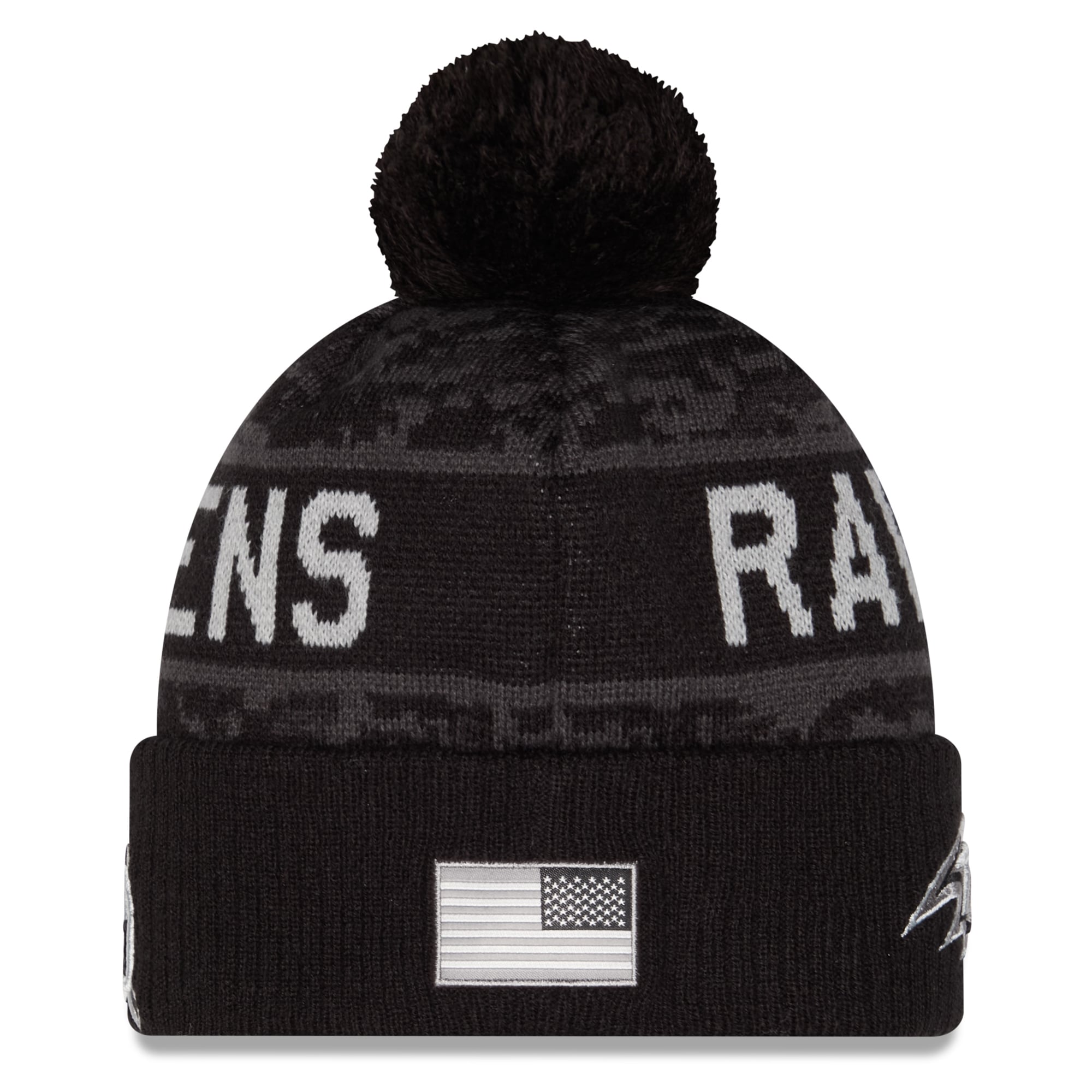 Bonnet à revers New Era noir Baltimore Ravens 2026 Salute To Service pour enfant avec pompon