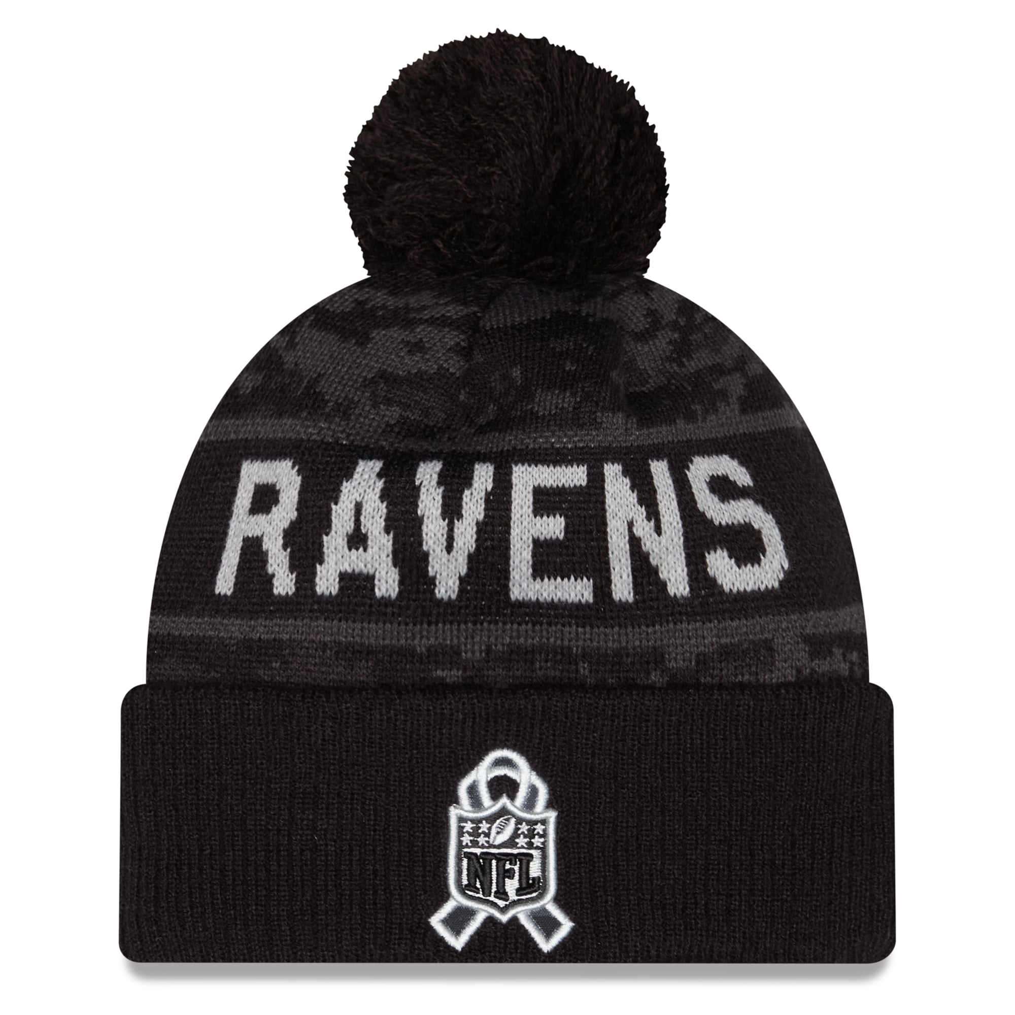 Bonnet à revers New Era noir Baltimore Ravens 2026 Salute To Service pour enfant avec pompon
