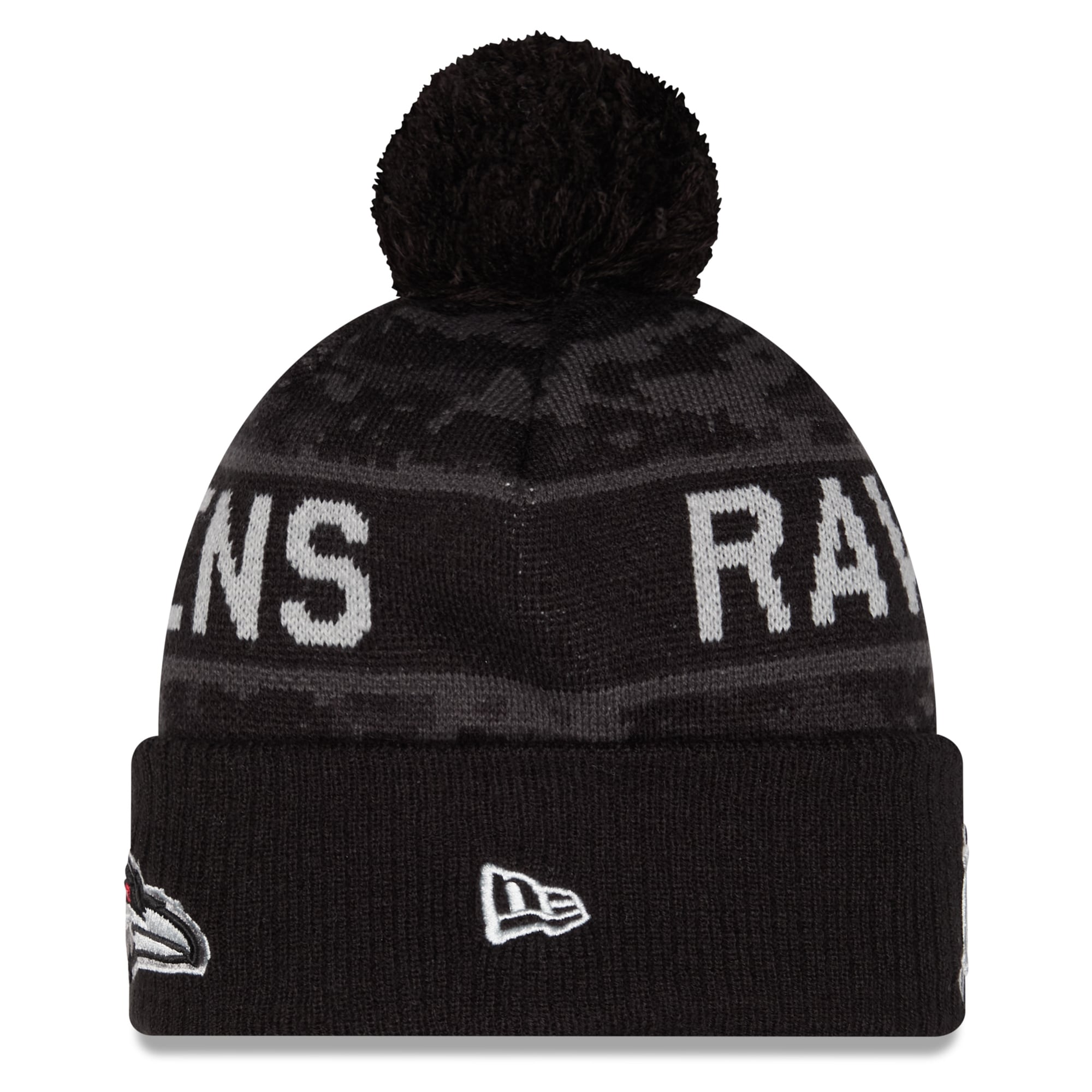 Bonnet à revers New Era noir Baltimore Ravens 2026 Salute To Service pour enfant avec pompon
