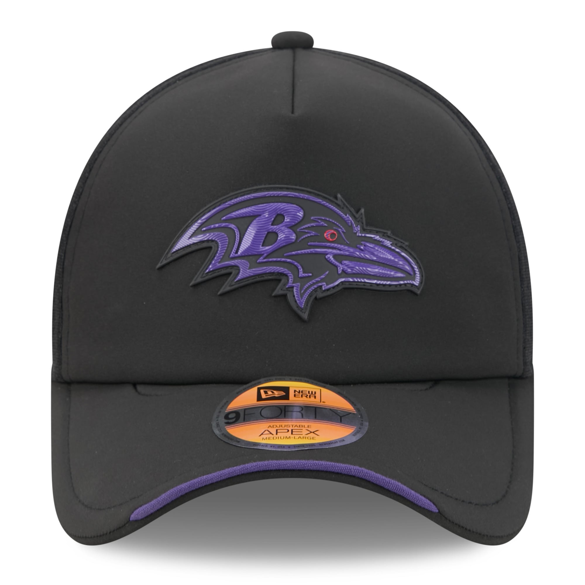 Youth New Era Black Baltimore Ravens 2026 Sideline Apex 9FORTY Adjustable Trucker Hat