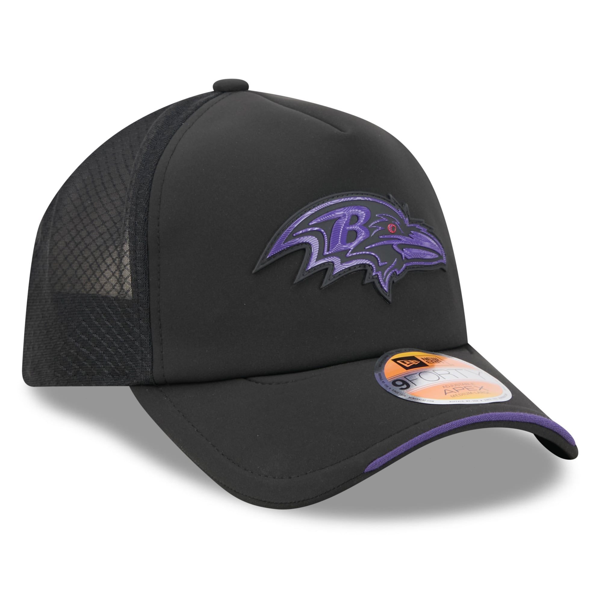 Youth New Era Black Baltimore Ravens 2026 Sideline Apex 9FORTY Adjustable Trucker Hat