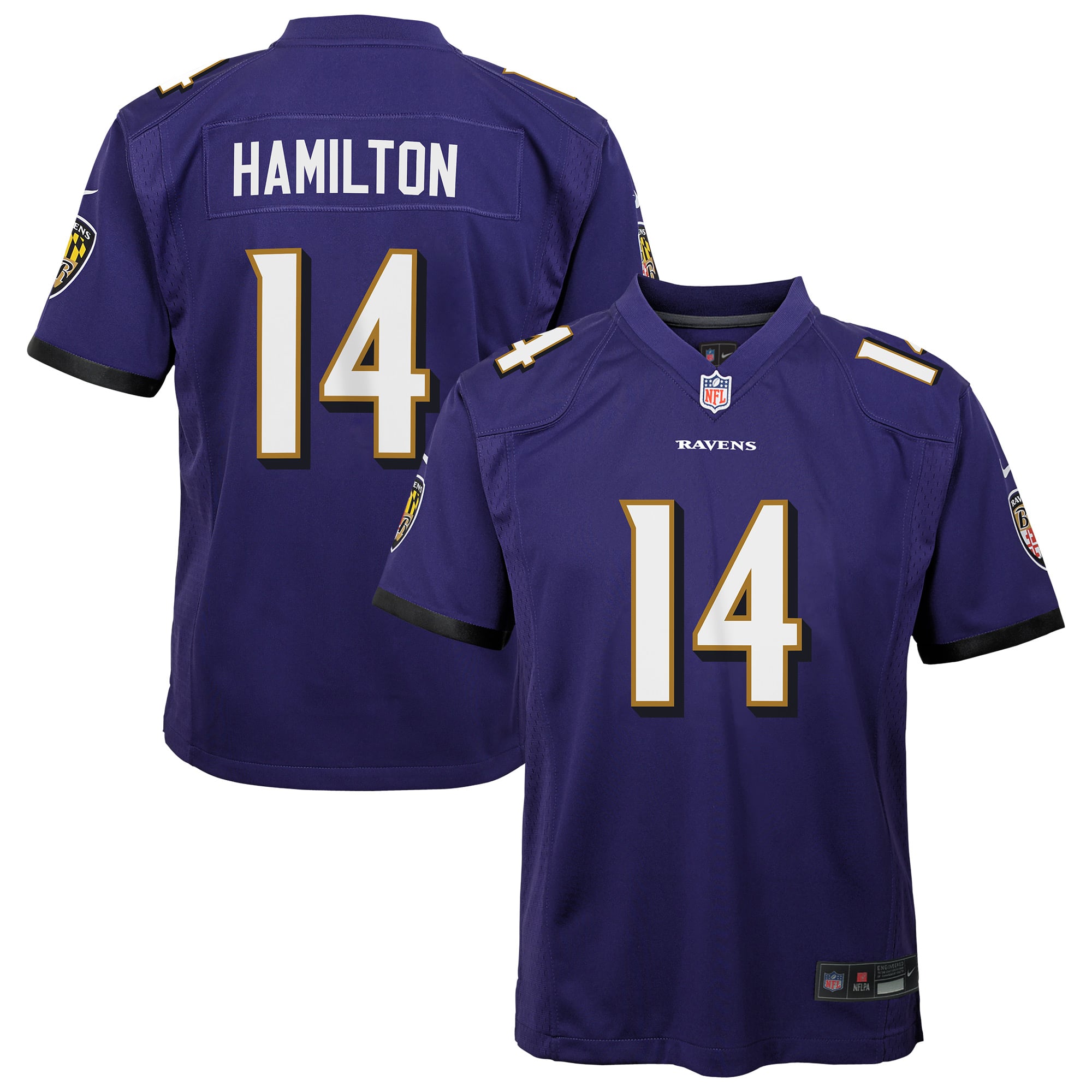 maillot de match Nike Kyle Hamilton violet pour enfant, Baltimore Ravens, l'équipe enfant