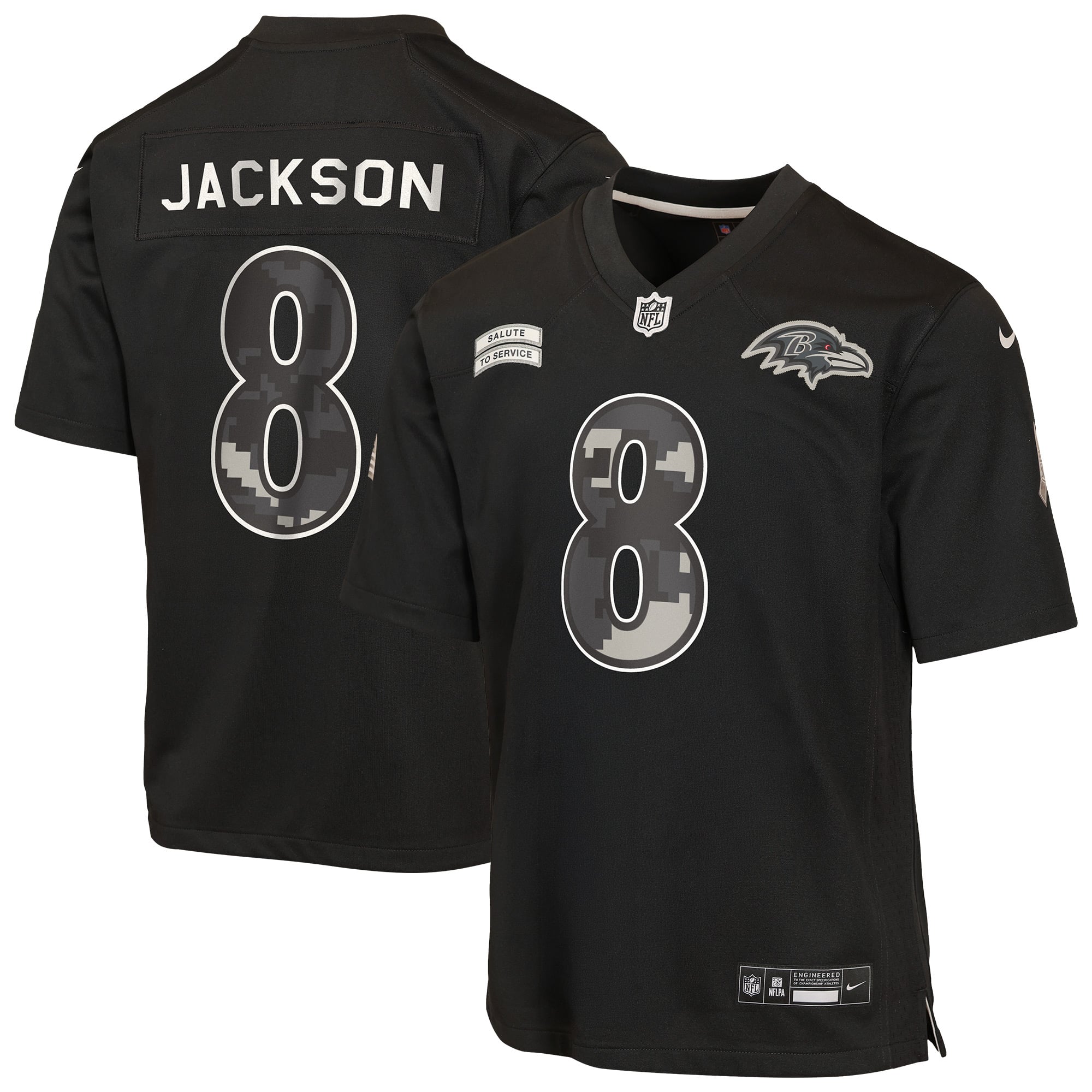Maillot Nike Lamar Jackson noir pour enfant, Baltimore Ravens 2026 Salute to Service Game
