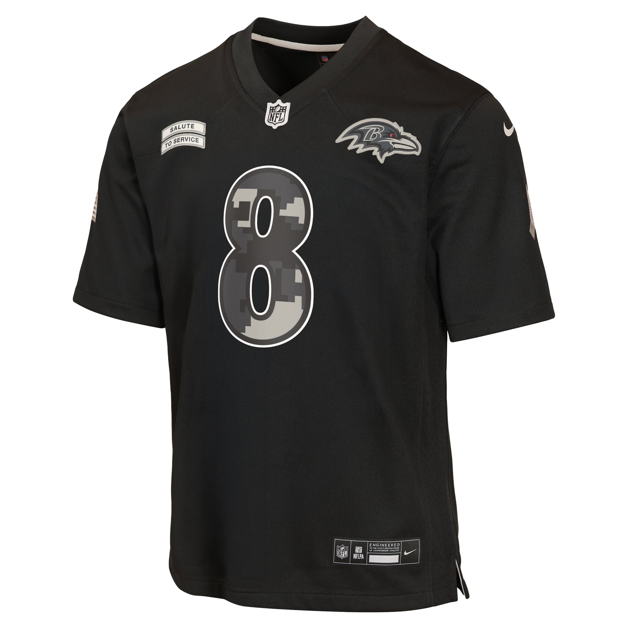 Maillot Nike Lamar Jackson noir pour enfant, Baltimore Ravens 2026 Salute to Service Game