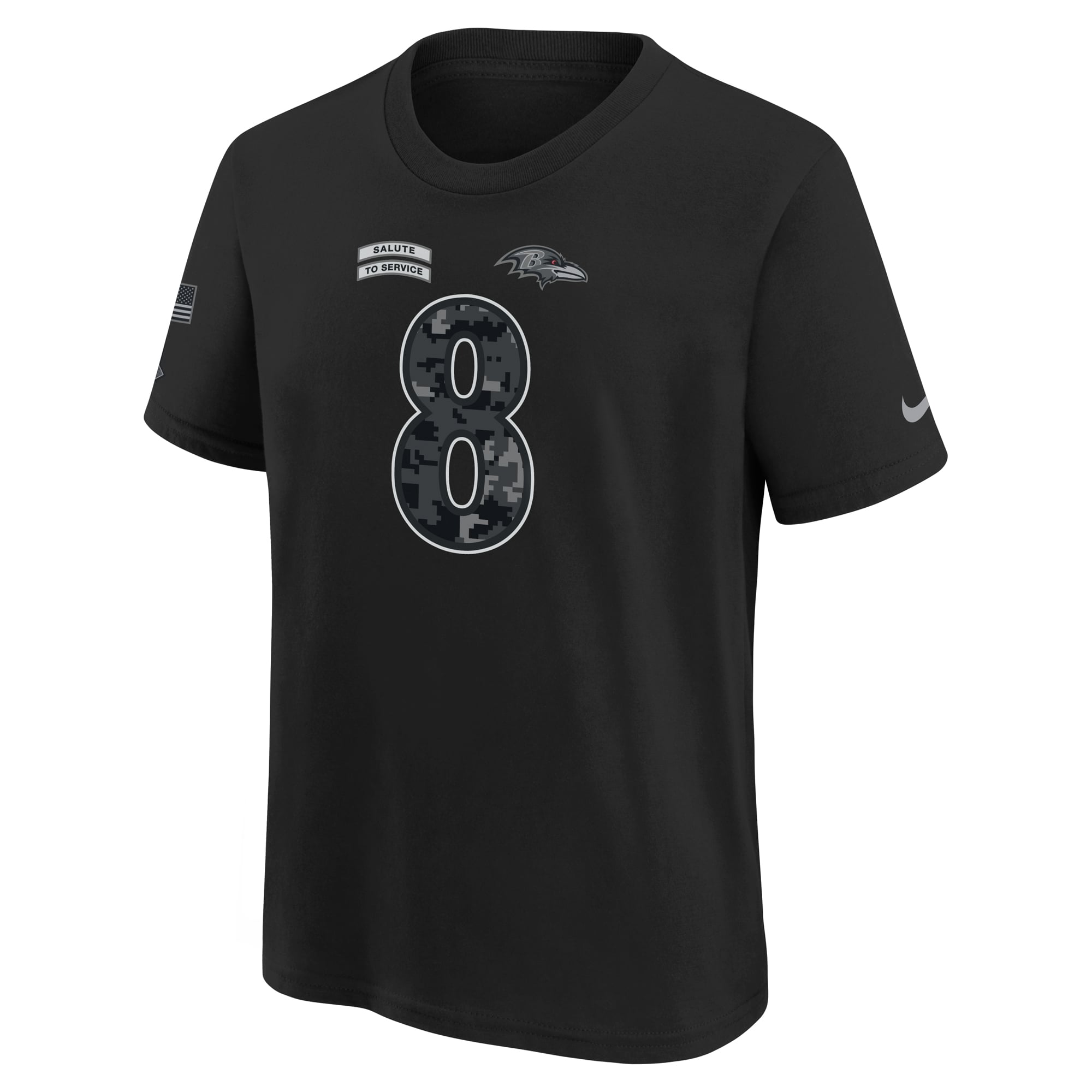 T-shirt Nike Lamar Jackson noir Baltimore Ravens 2026 Salute to Service pour enfant, nom et numéro