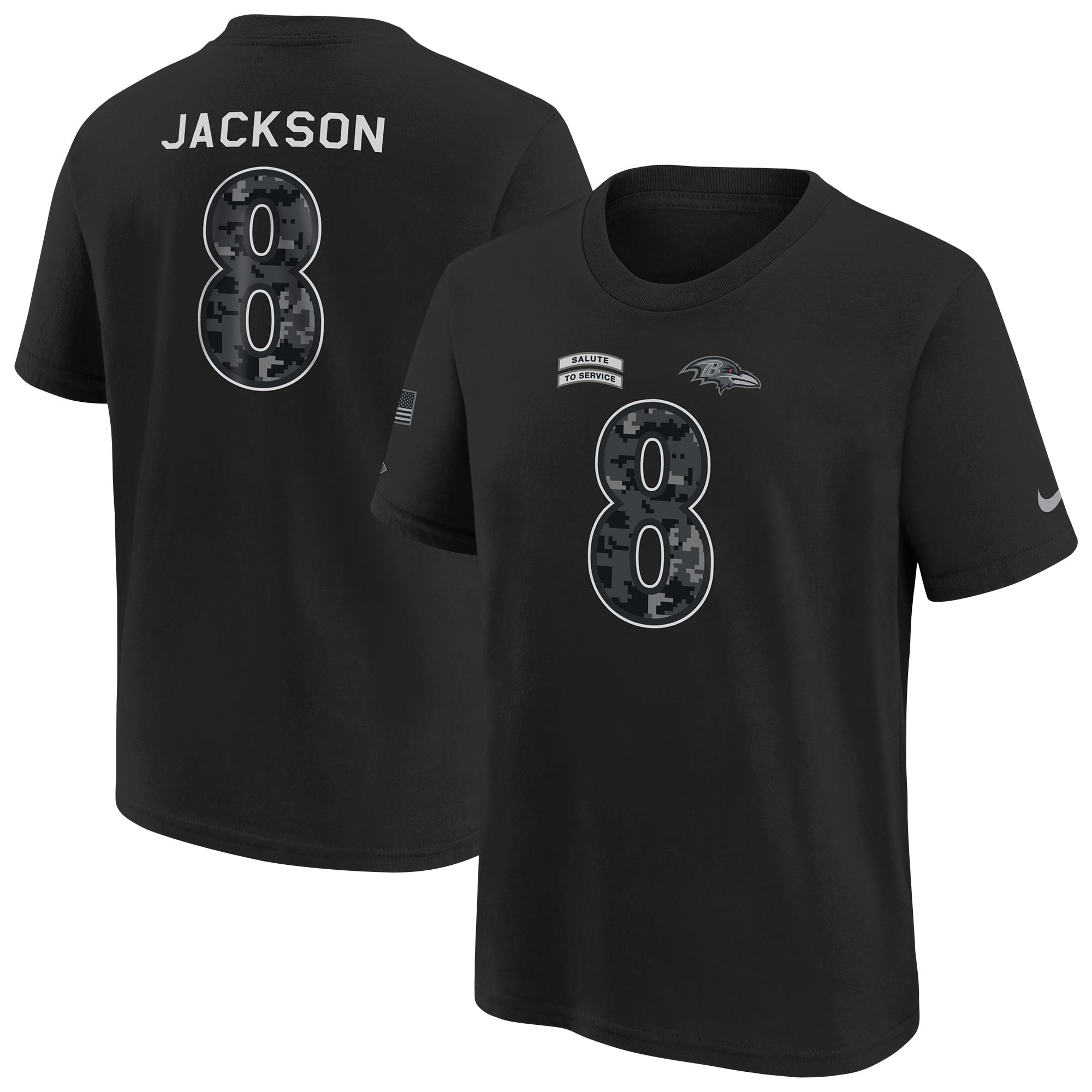 T-shirt Nike Lamar Jackson noir Baltimore Ravens 2026 Salute to Service pour enfant, nom et numéro