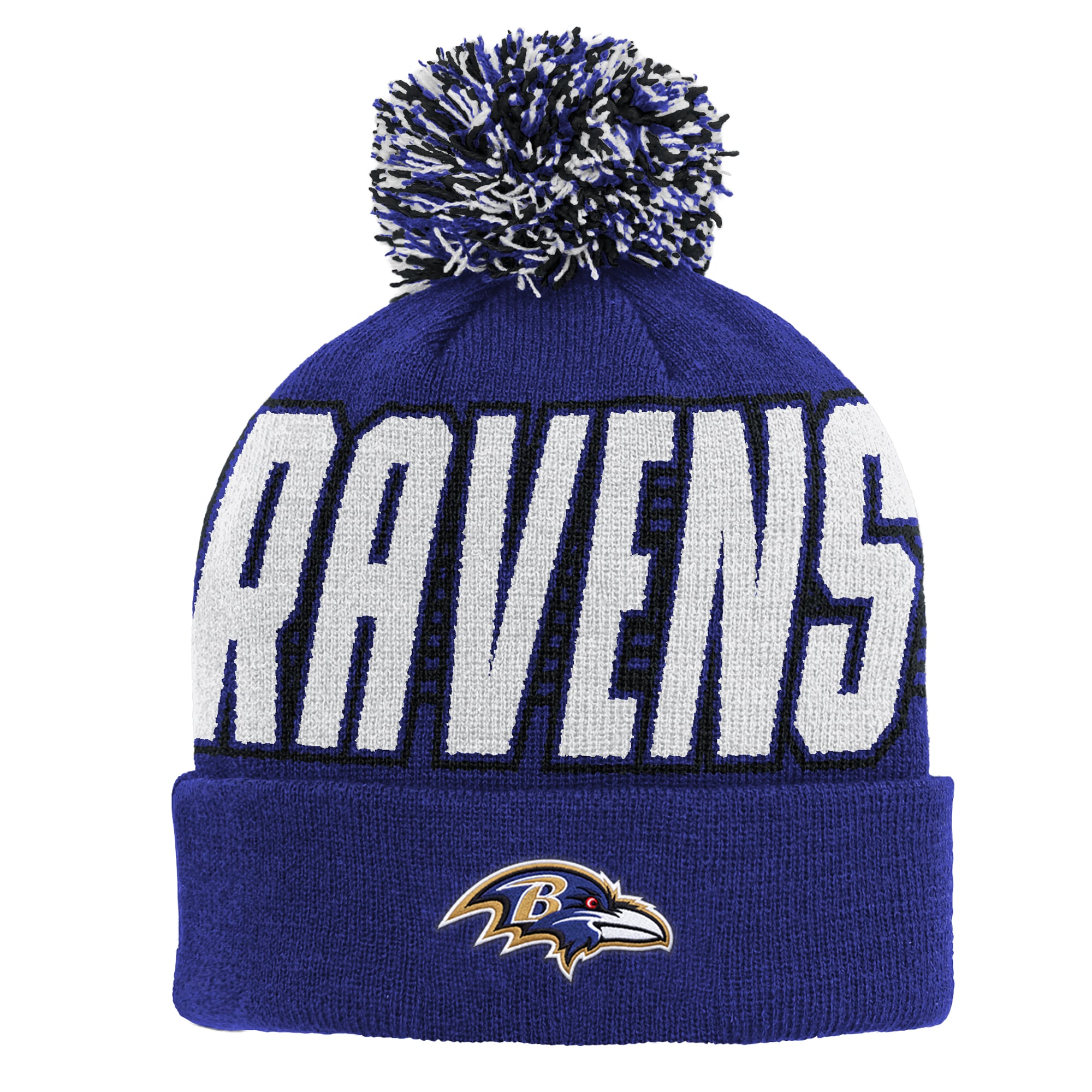 Bonnet tricoté à revers violet Baltimore Ravens pour enfant, de la marque Outerstuff, avec pompon.